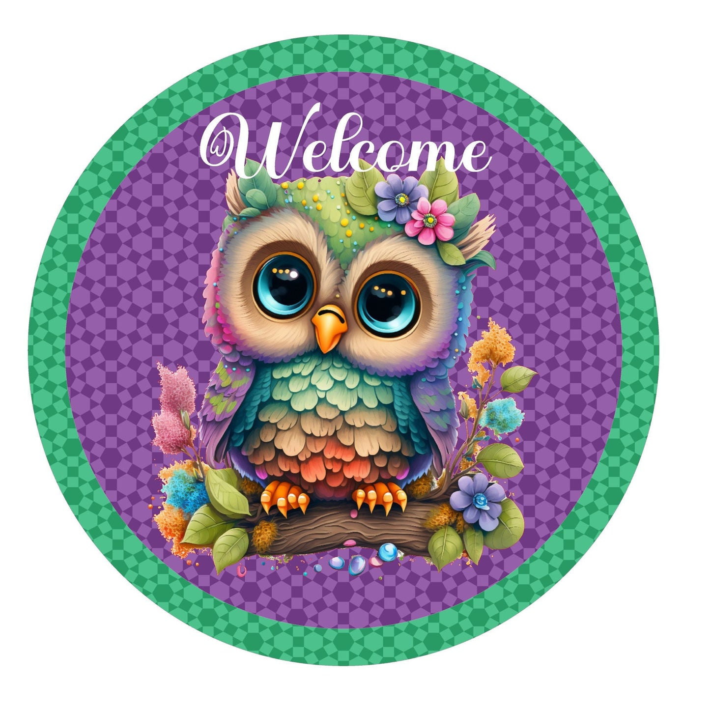 Cute owl welcome wreath sign, metal wreath sign, signs for wreaths, round wreath sign, door decor, Lindys sign creations