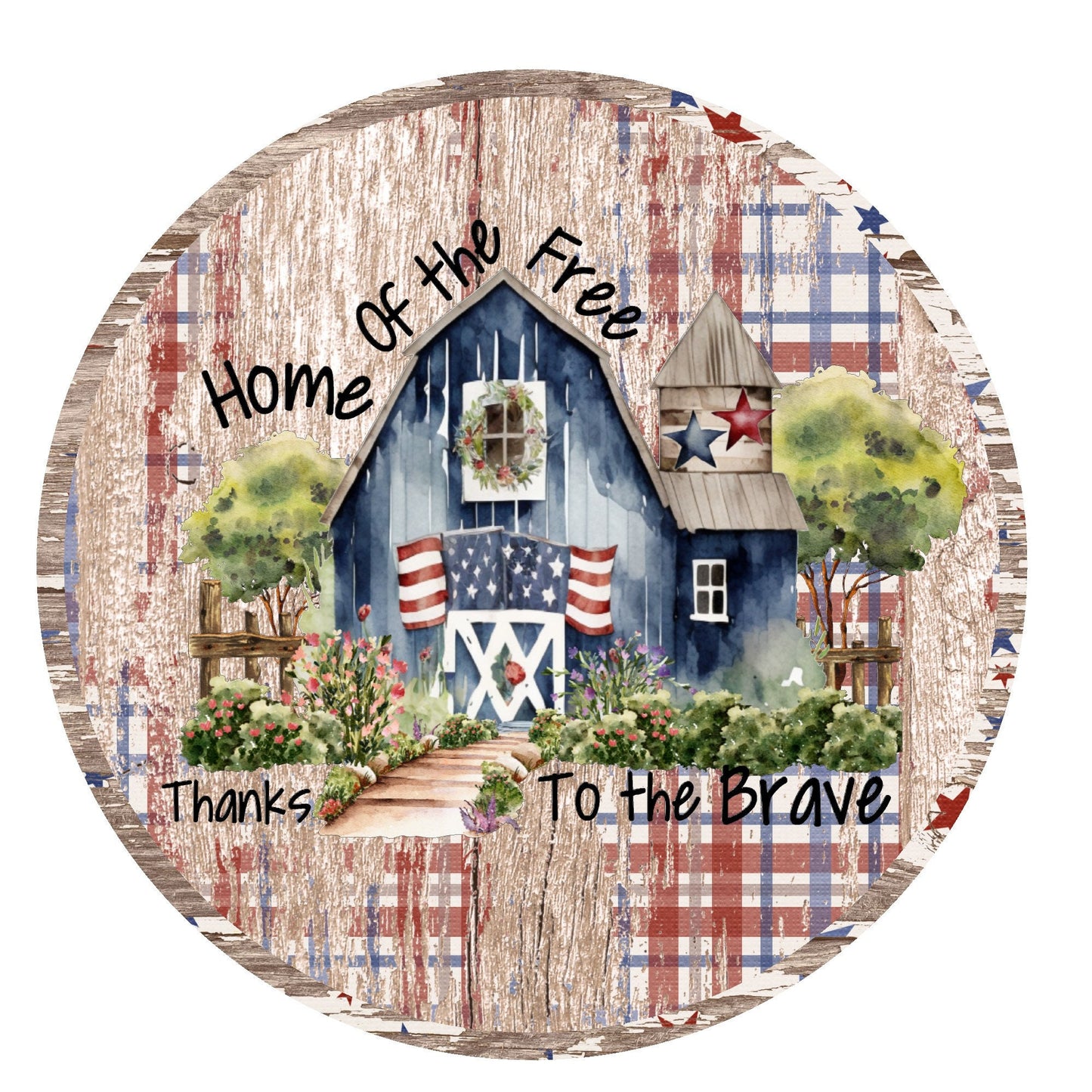 Home of the free thanks to the brave wreath sign, metal wreath sign, round wreath sign, door decor, Lindys sign creations