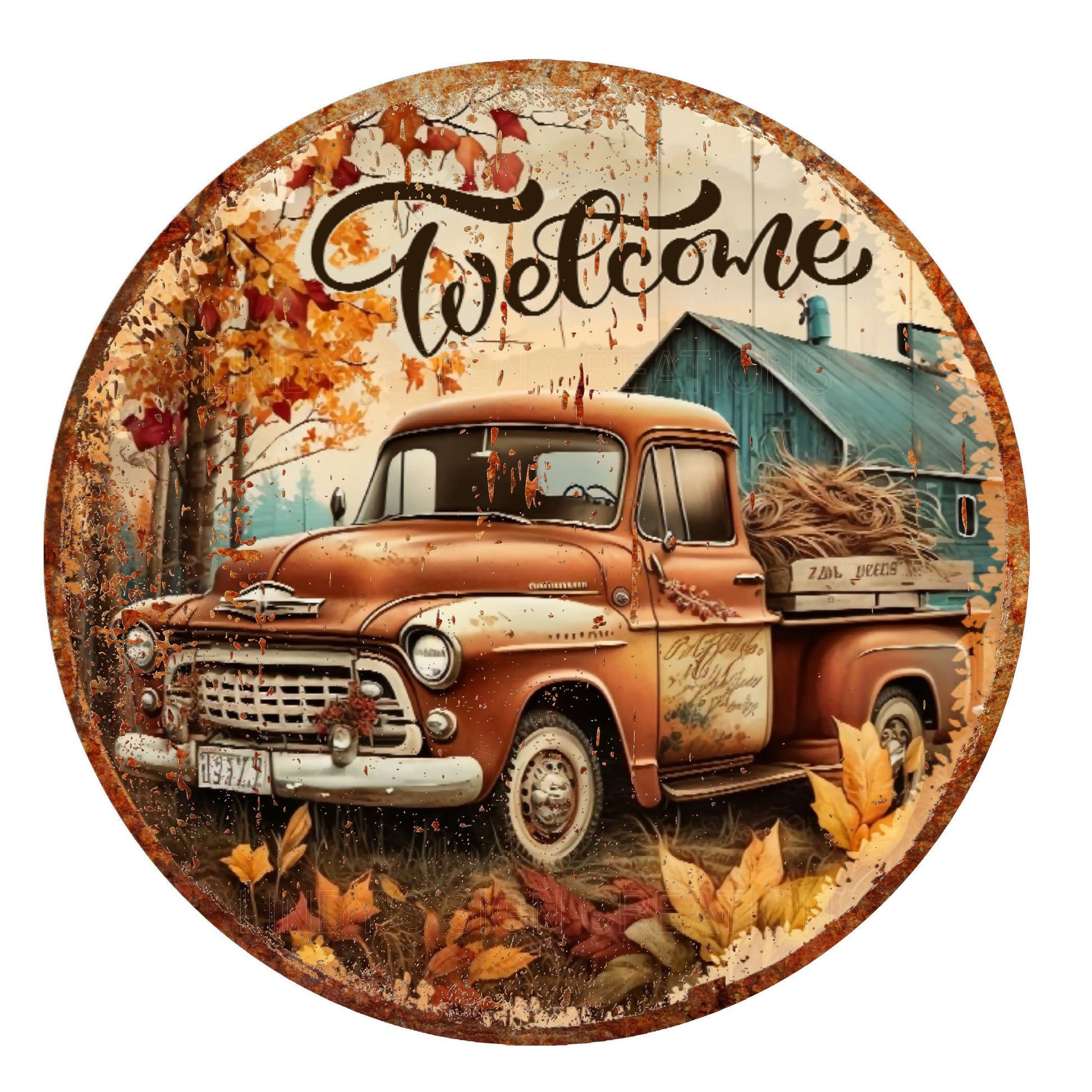 Fall welcome truck wreath sign, metal wreath sign, signs for wreaths, round wreath sign, door decor, Lindys sign creations