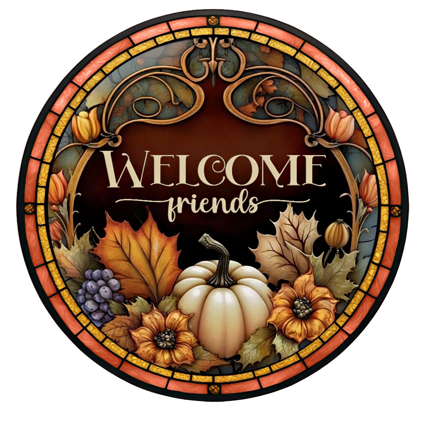 Pumpkins autumn blessings, greetings and welcome friends wreath sign, choose your saying wreath sign, metal wreath sign, round wreath sign