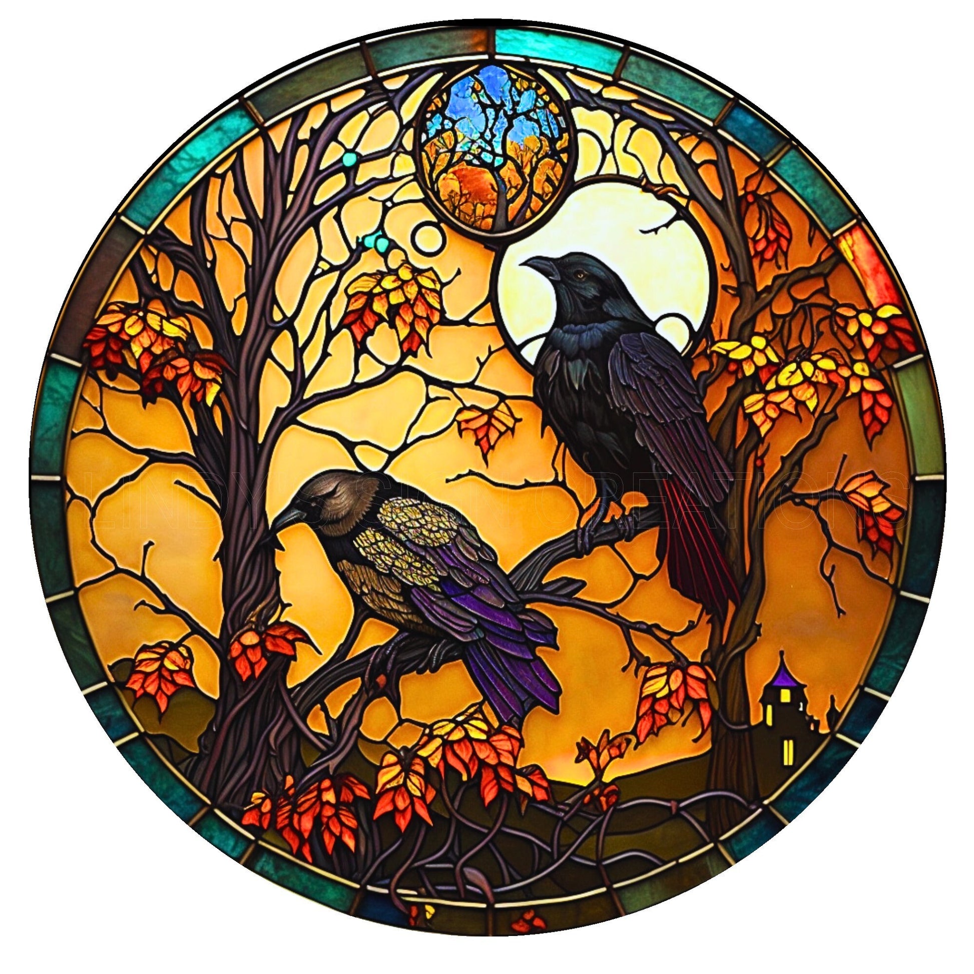 Faux stained glass spooky crows halloween wreath sign, metal wreath sign, round wreath sign, home decor, lindys sign creations