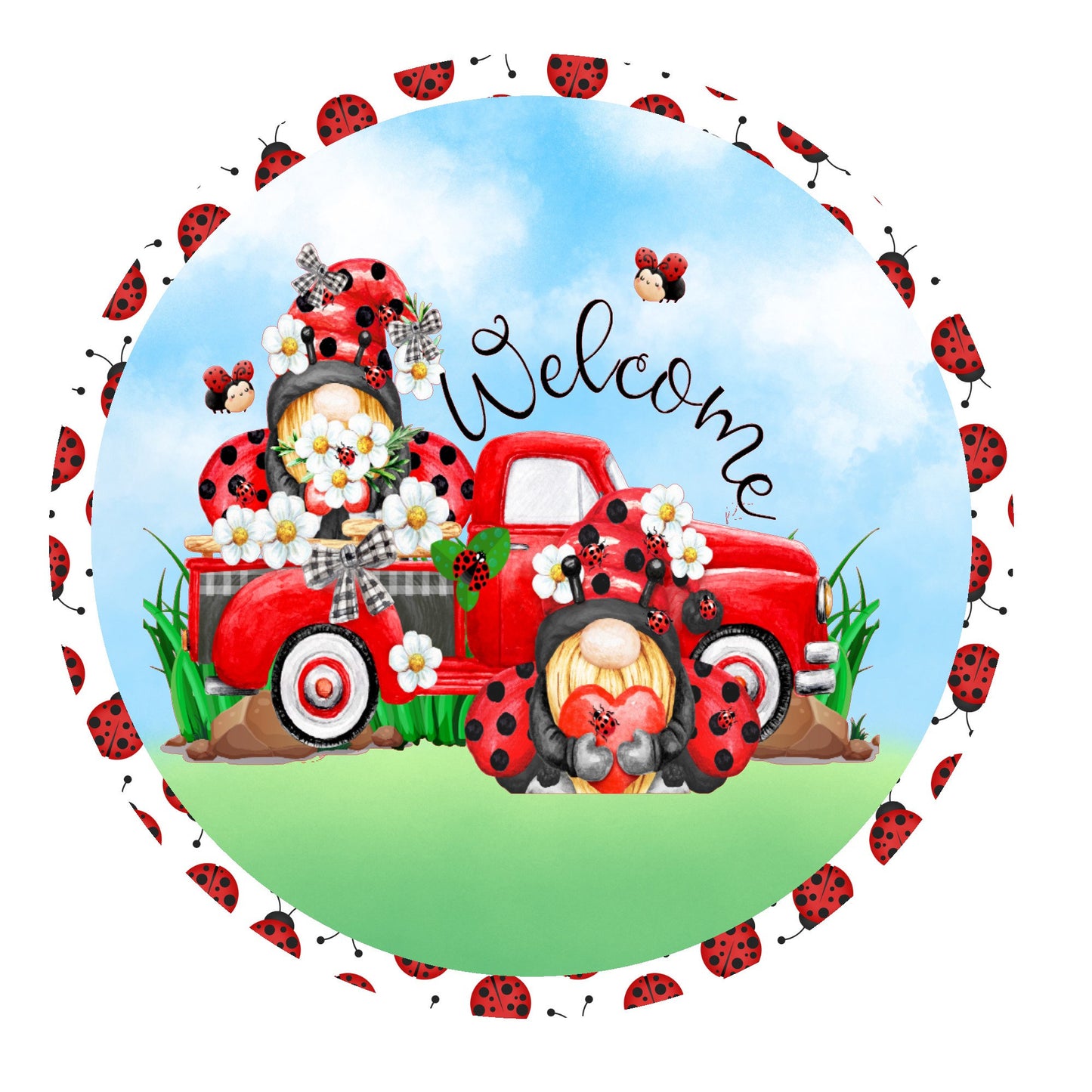 Ladybug truck welcome wreath sign, metal wreath sign, signs for wreaths, round wreath sign, door decor, Lindys sign creations