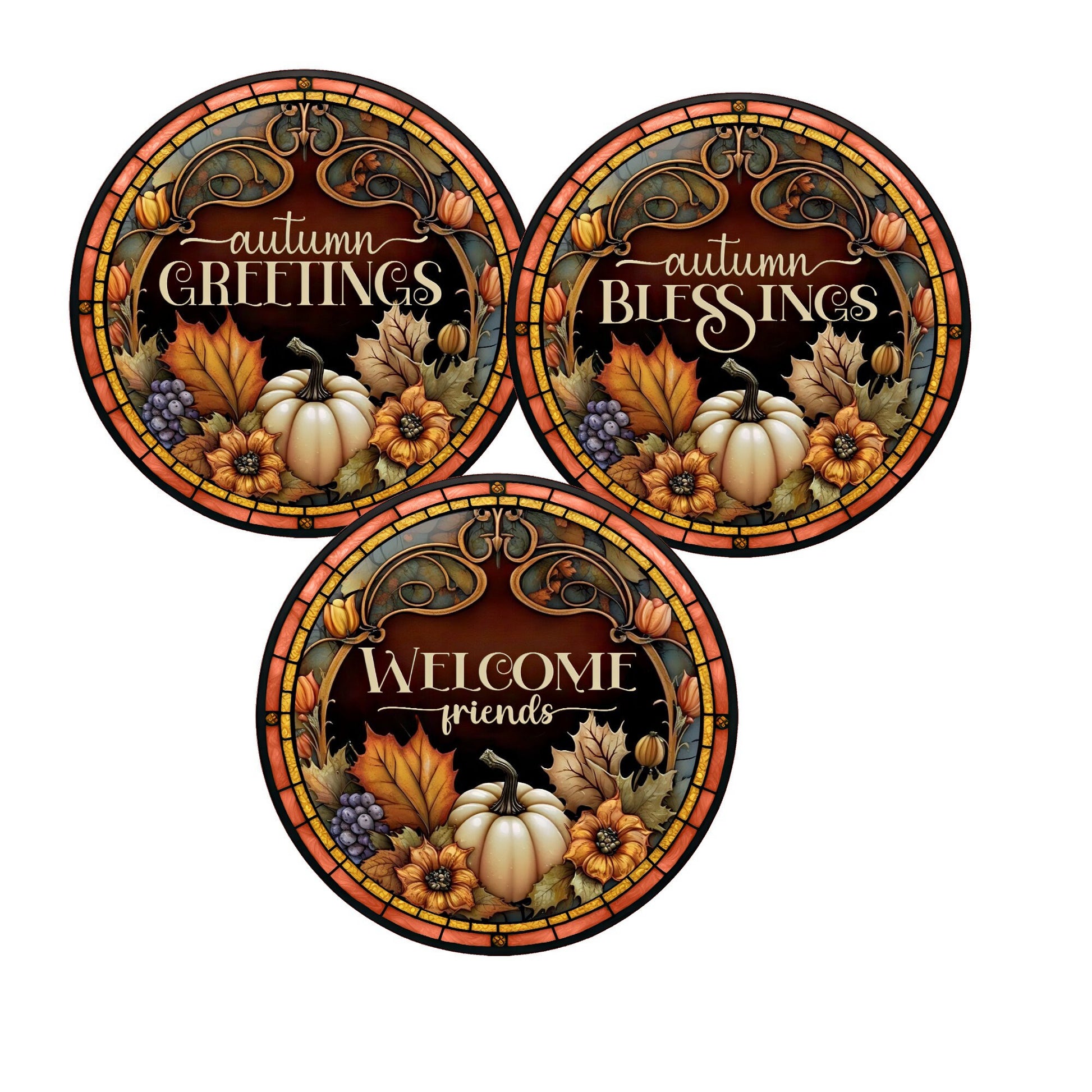 Pumpkins autumn blessings, greetings and welcome friends wreath sign, choose your saying wreath sign, metal wreath sign, round wreath sign