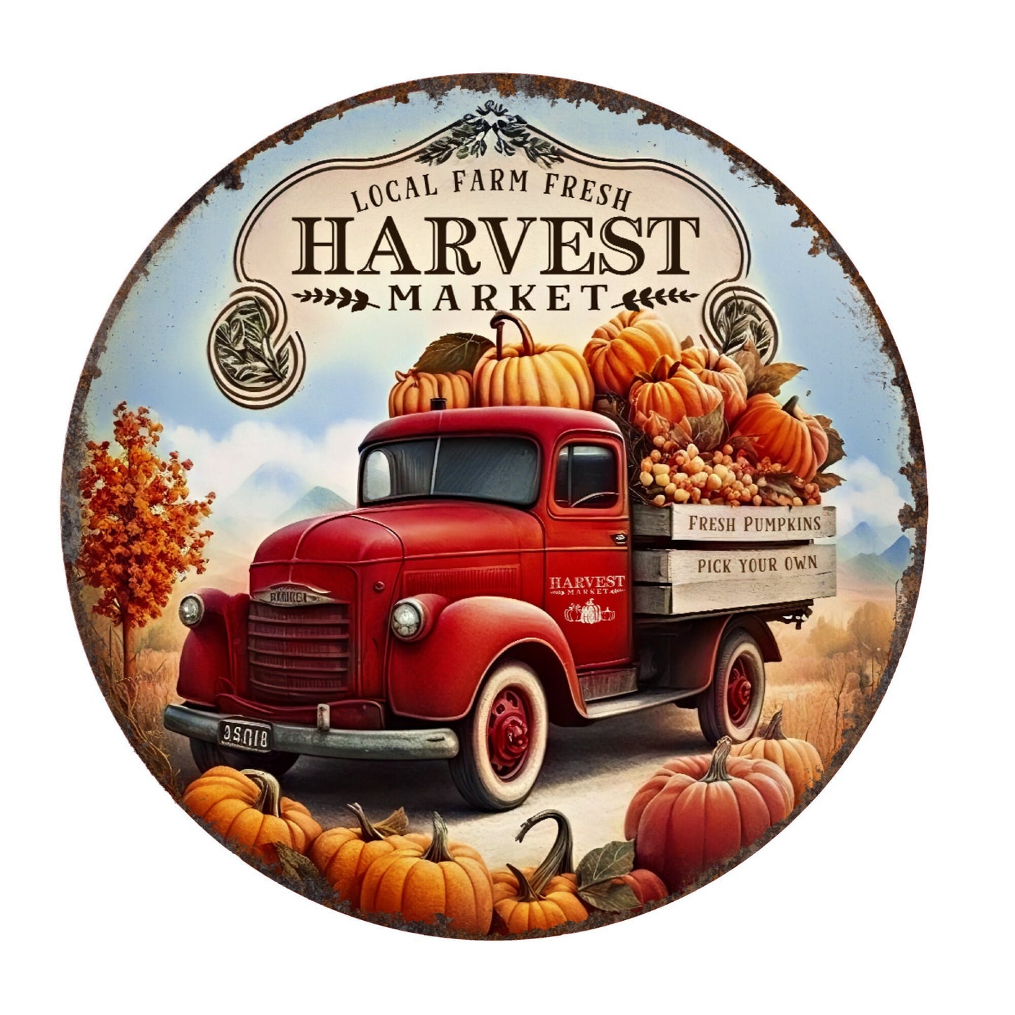 Harvest market red truck pumpkin wreath sign, metal wreath sign, signs for wreaths, round wreath sign, door decor, Lindys sign creations