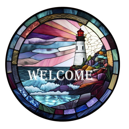 Faux stained glass welcome lighthouse wreath sign, metal wreath sign, round wreath sign, door decor, Lindys sign creations