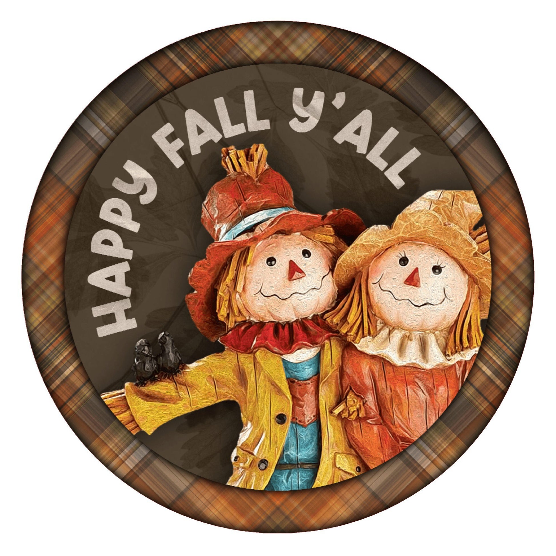 Happy fall y'all scarecrow couple wreath sign, metal wreath sign, signs for wreaths, round wreath sign, door decor, Lindys sign creations