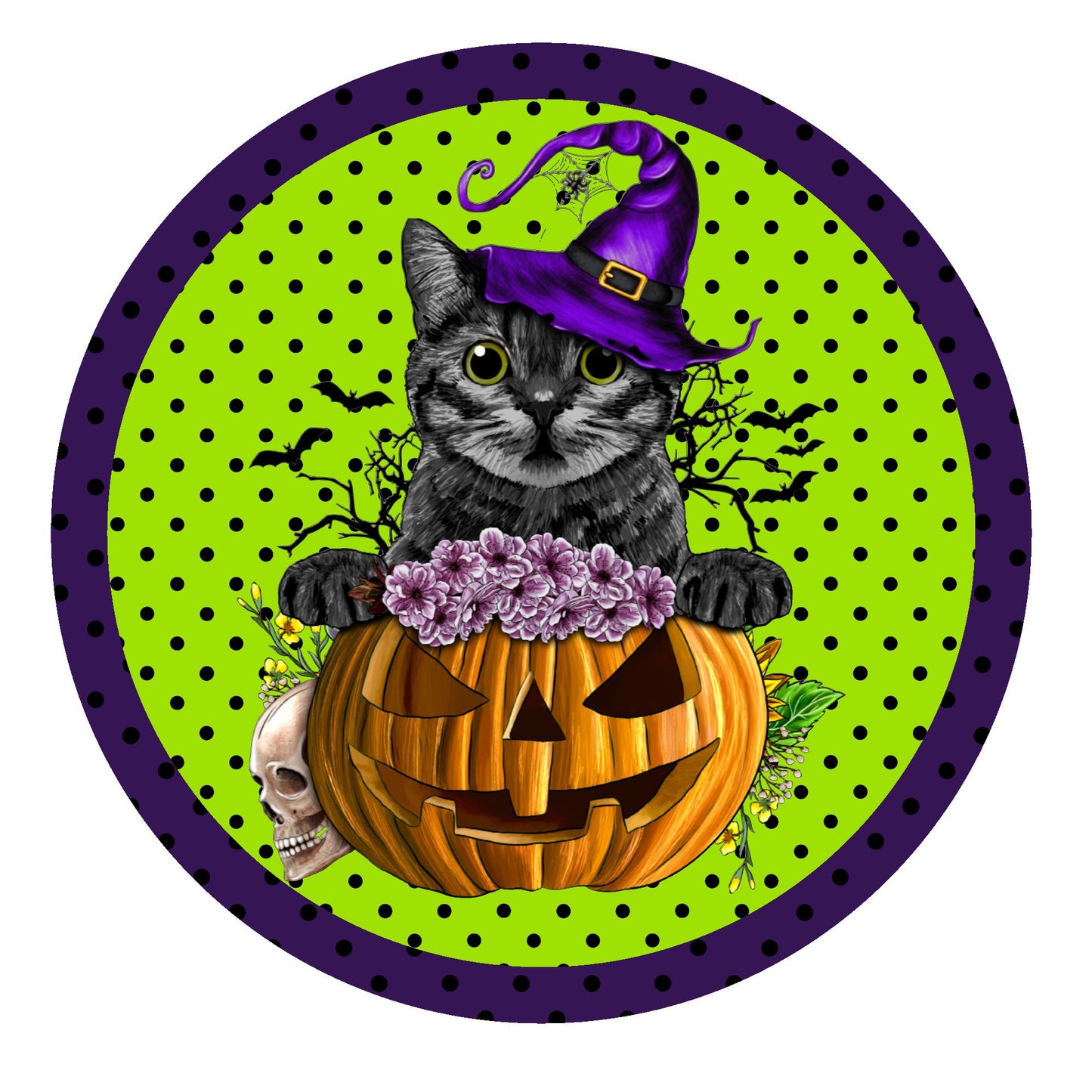 Cat in pumpkin halloween wreath sign, metal wreath sign, signs for wreaths, round wreath sign, door decor, Lindys sign creations