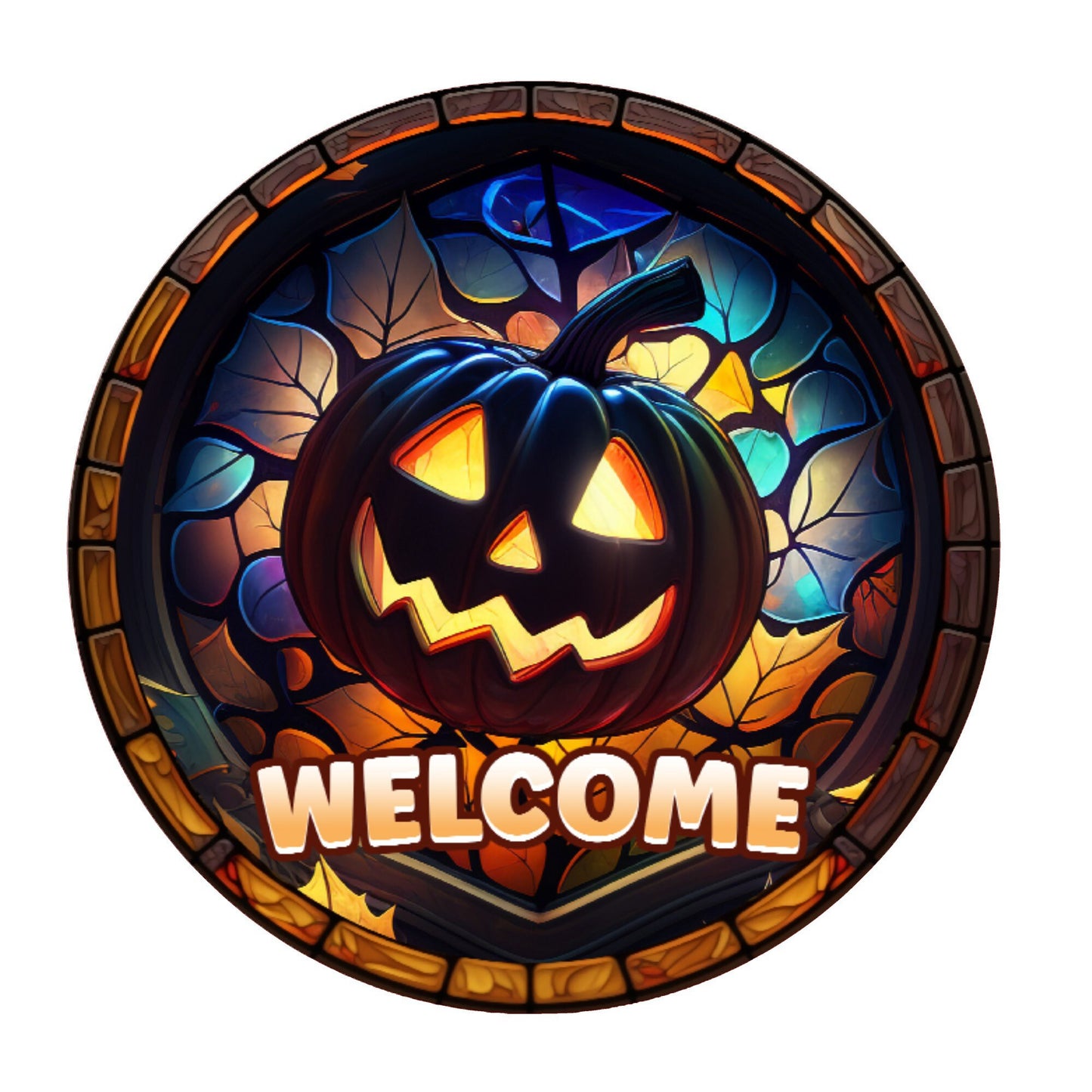 Welcome smiling pumpkin wreath sign, metal wreath sign, signs for wreaths, round wreath sign, door decor, Lindys sign creations