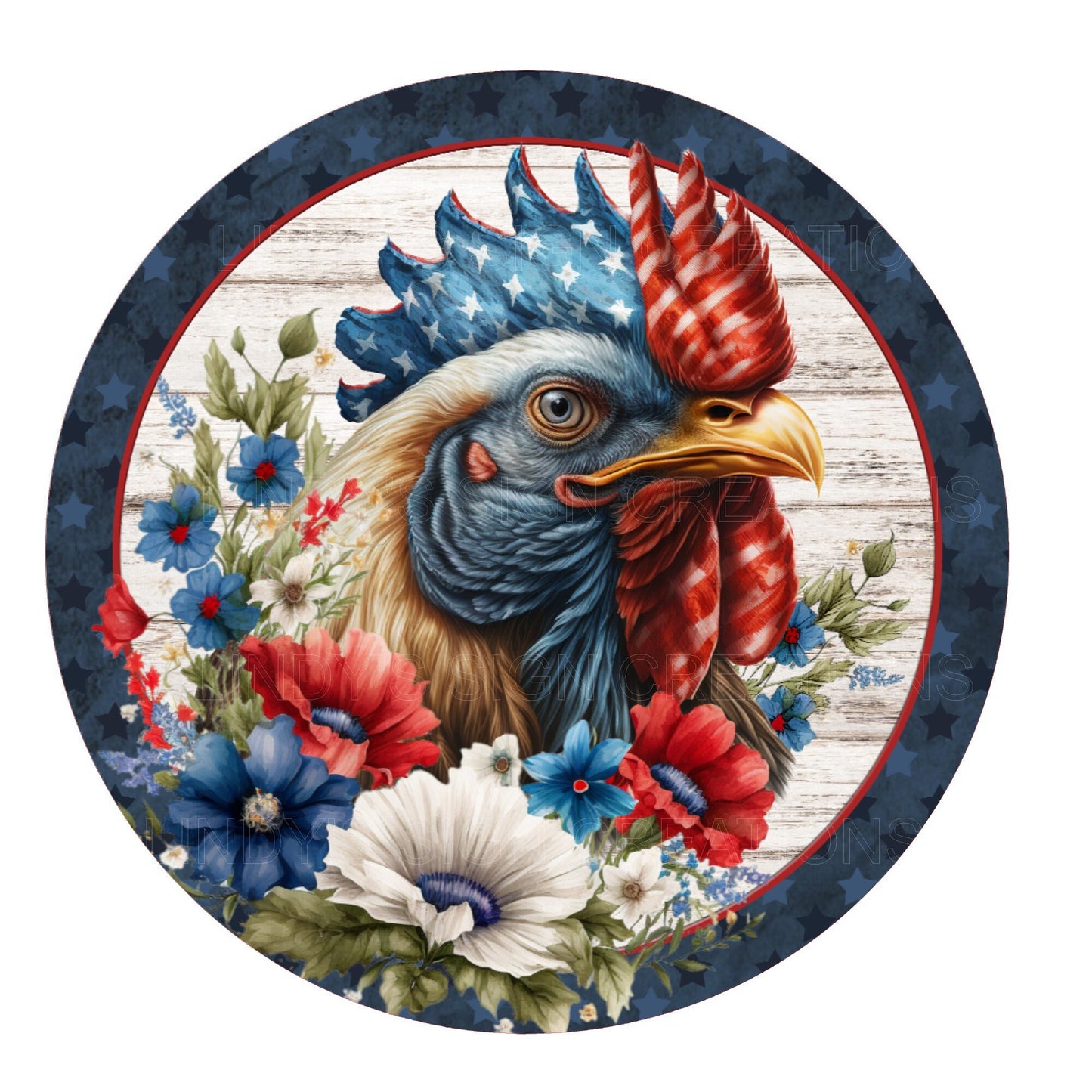 Patriotic rooster wreath sign, metal wreath sign, signs for wreaths, round wreath sign, door decor, Lindys sign creations