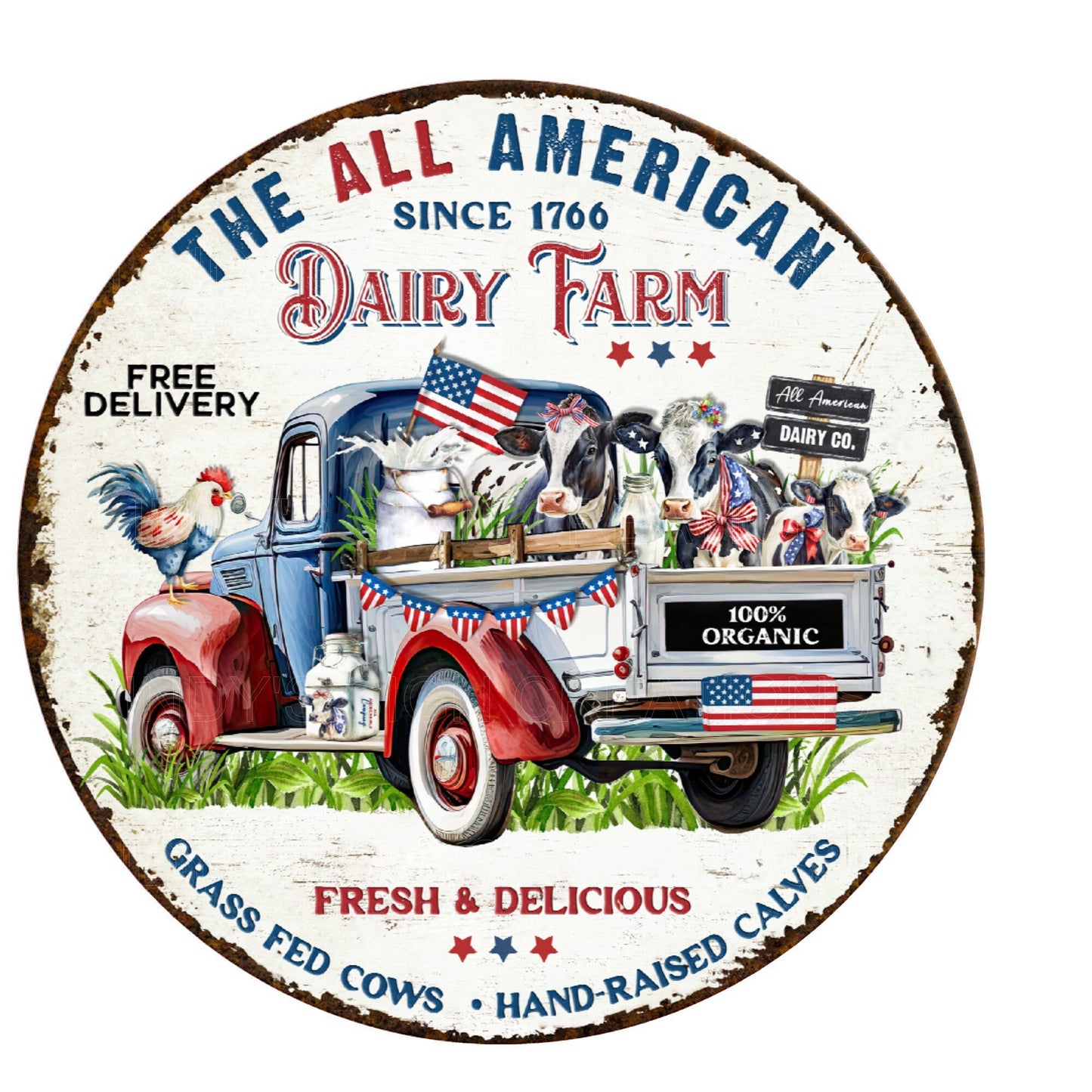 All American dairy farm patriotic wreath sign, metal wreath sign, round wreath sign, door decor, Lindys sign creations