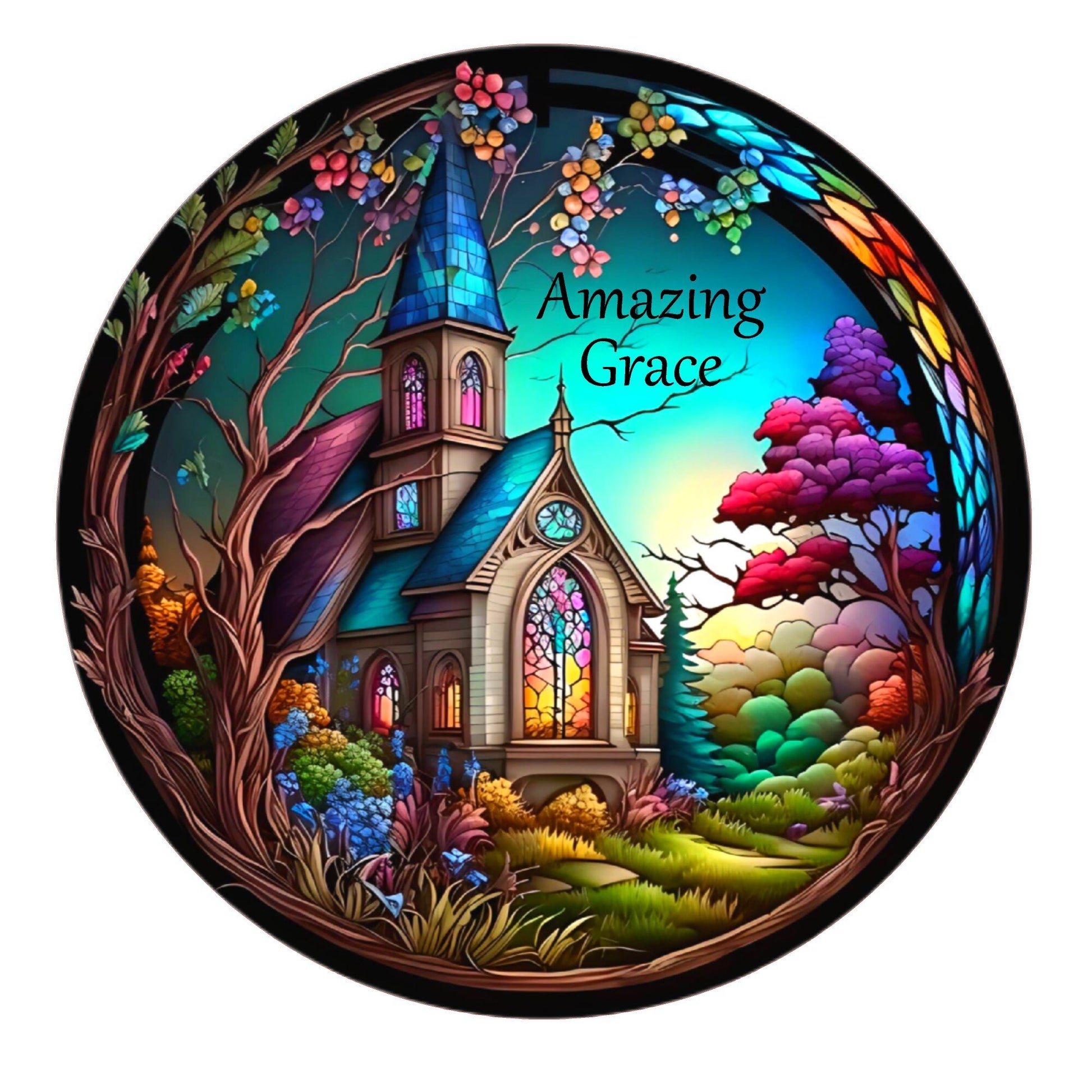 Faux stained glass amazing grace church, metal wreath sign, signs for wreaths, round wreath sign, Lindys sign creations