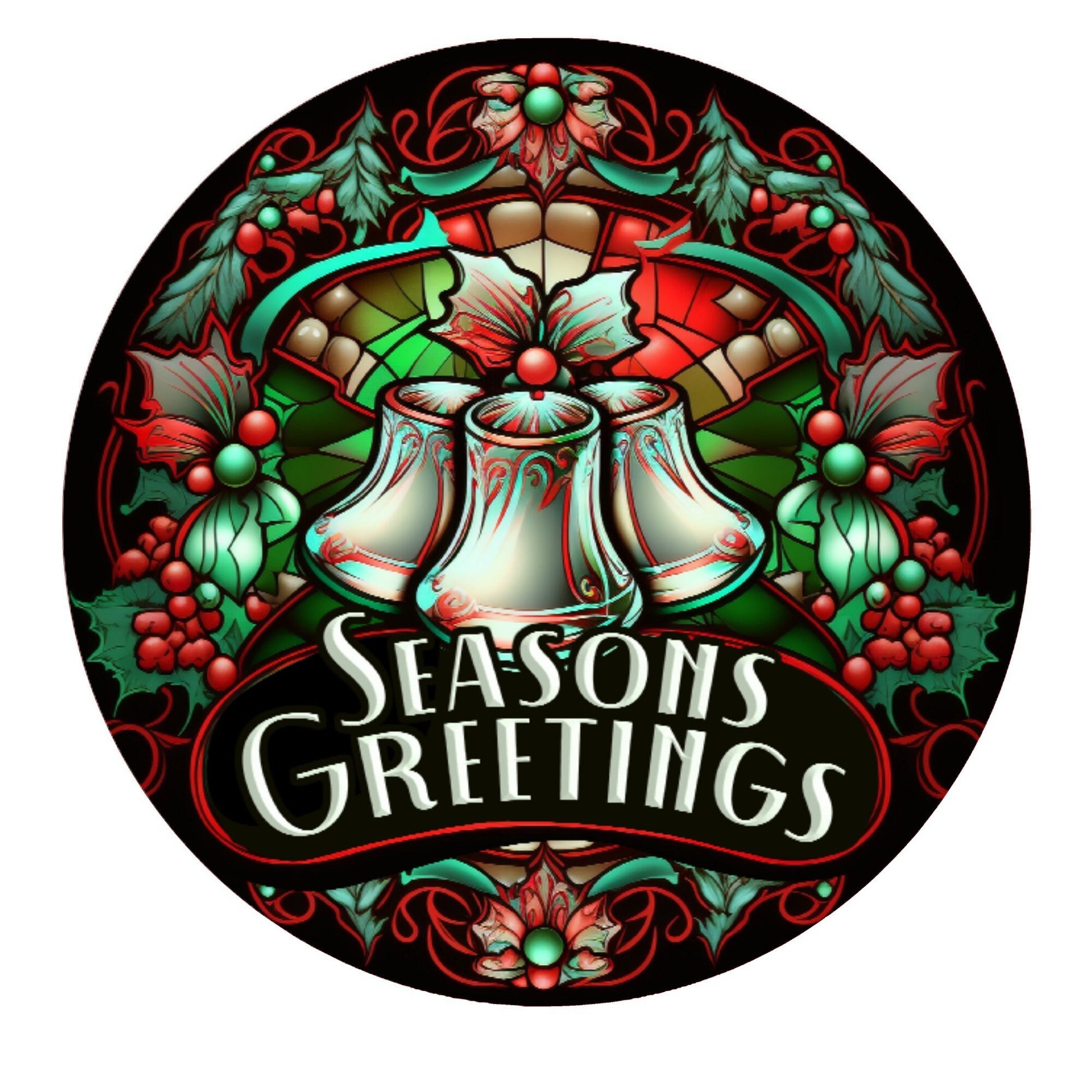 Faux stained glass seasons greetings wreath sign, metal wreath sign, round wreath sign, door decor, Lindys sign creations