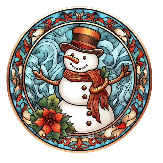 Faux stained glass snowman wreath sign, metal wreath sign, signs for wreaths, round wreath sign, Lindys sign creations