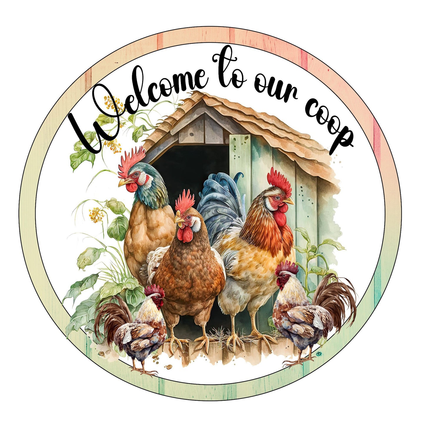 Welcome to our coop wreath sign, metal wreath sign, signs for wreaths, round wreath sign, door decor, Lindys sign creations