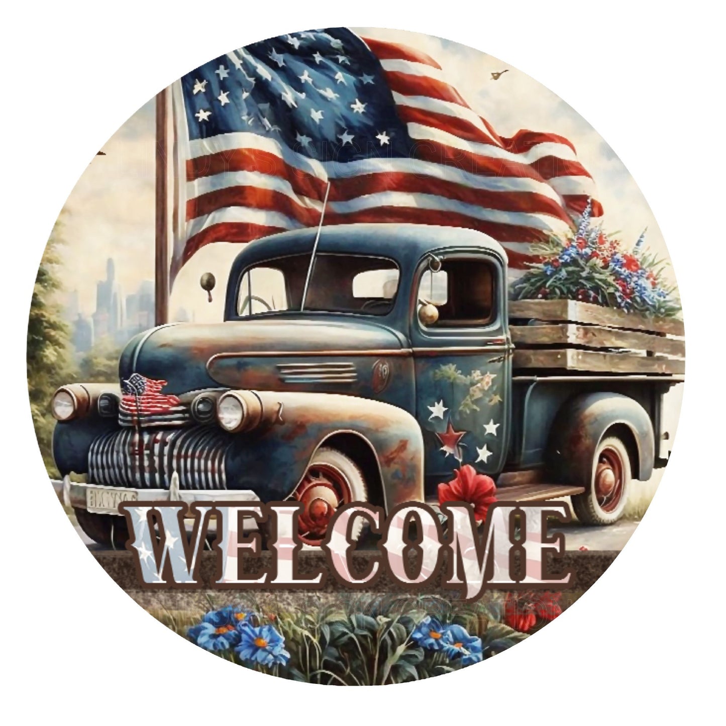 Vintage style patriotic truck wreath sign, metal wreath sign, round wreath sign, welcome wreath sign, Lindys sign creations