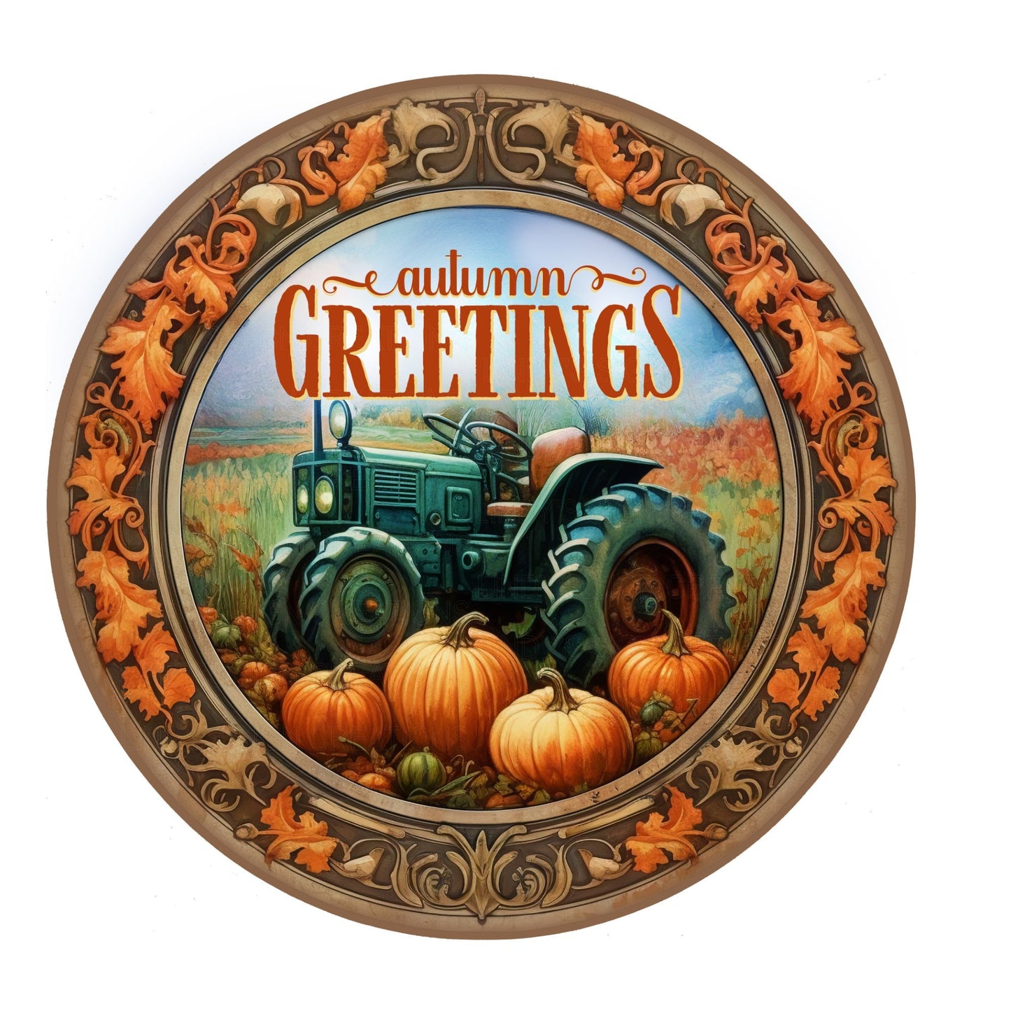 Autumn greetings tractor and pumpkins wreath sign, metal wreath sign, round wreath sign, door decor, Lindys sign creations