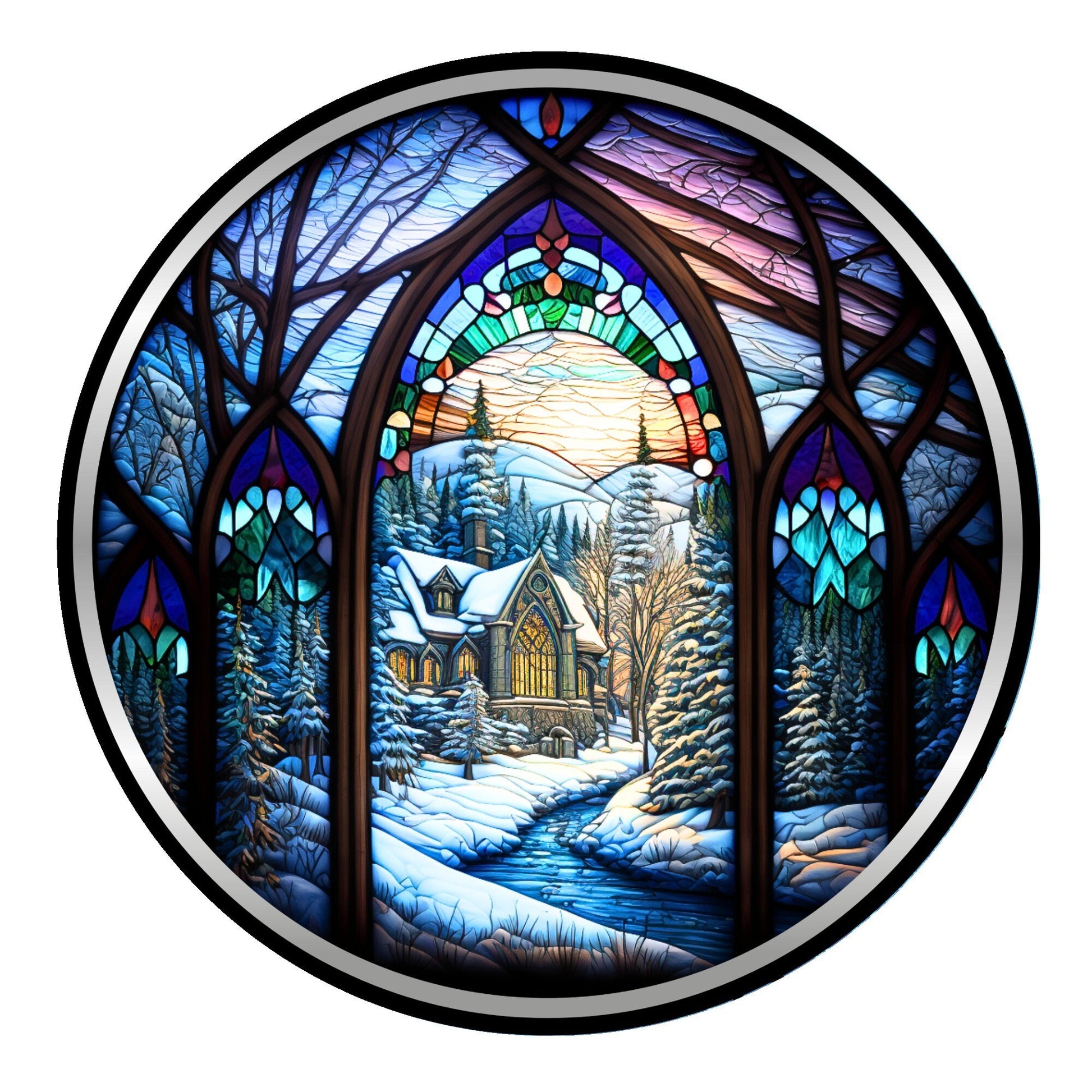 Round faux stained glass winter church wreath sign, metal wreath sign, door decor, Lindys sign creations