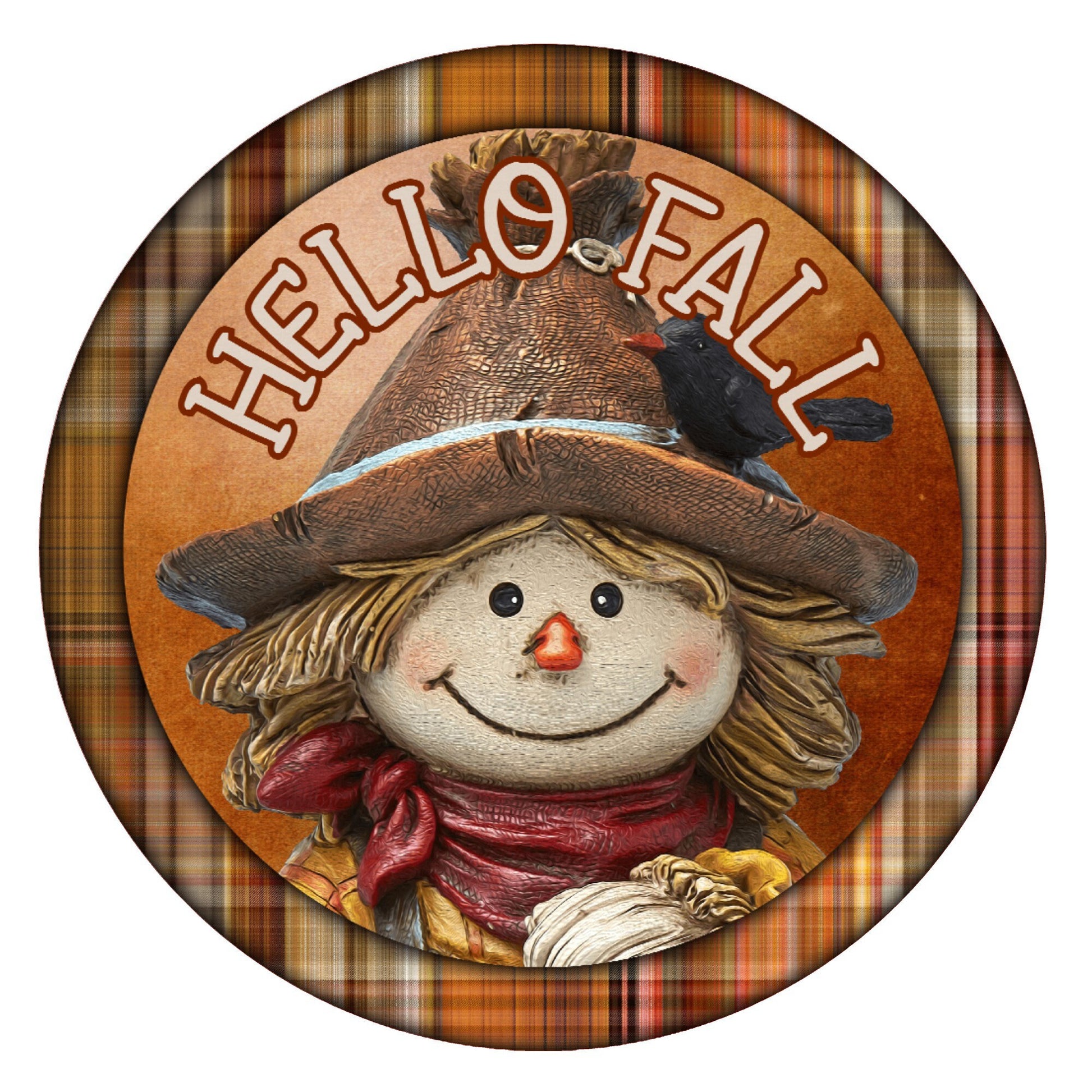 Hello fall scarecrow wreath sign, metal wreath sign, signs for wreaths, round wreath sign, door decor, Lindys sign creations