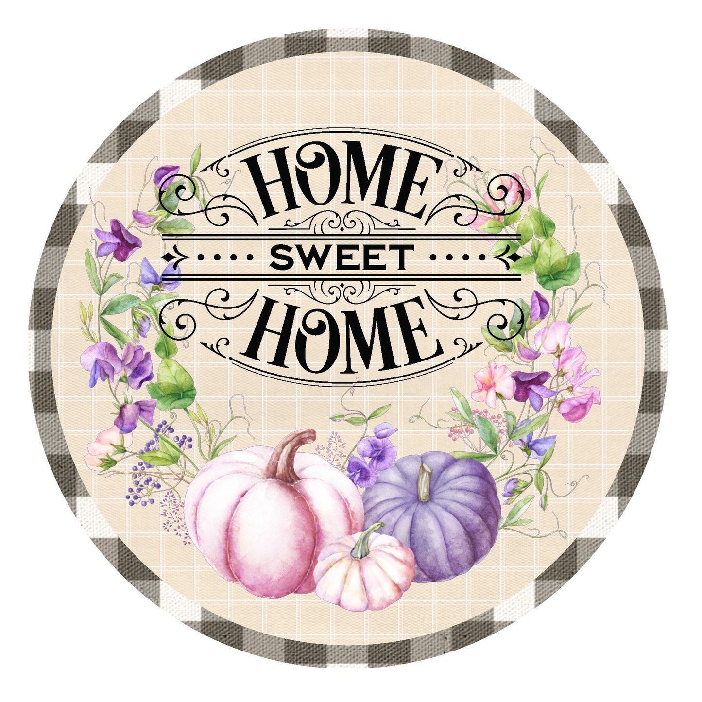 Home sweet home with pastel pumpkins wreath sign, metal wreath sign, signs for wreaths, round wreath sign, door decor, Lindys sign creations