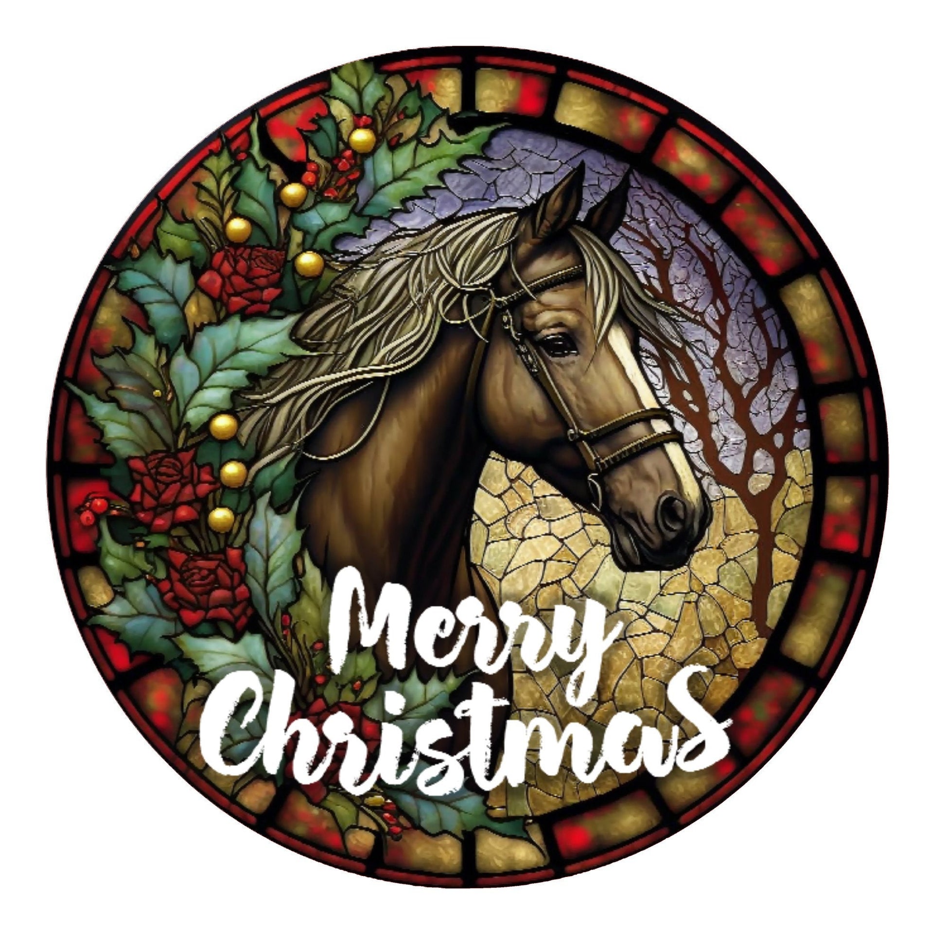 Faux stained glass Christmas horse wreath sign, metal wreath sign, signs for wreaths, round wreath sign, Lindys sign creations