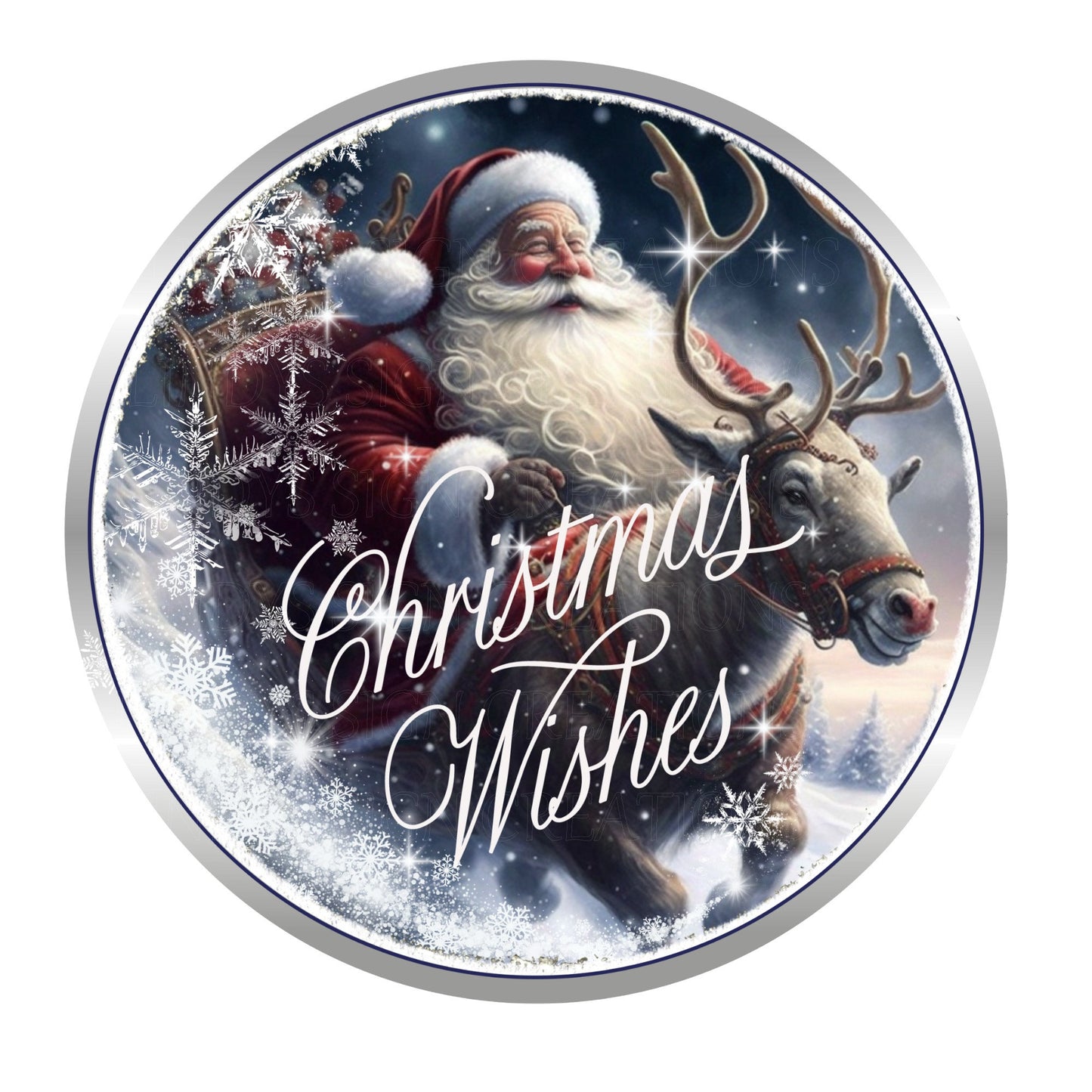 Santa in sleigh Christmas wishes wreath sign, metal wreath sign, round wreath sign, door decor, Lindys sign creations