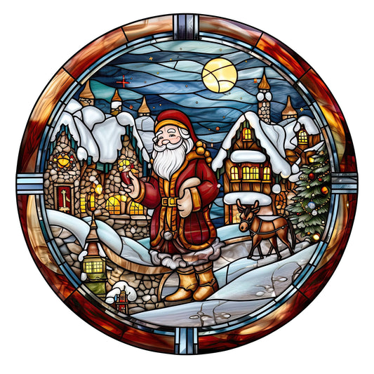 Faux stained glass santa with village houses wreath sign, metal wreath sign, signs for wreaths, round wreath sign, Lindys sign creations