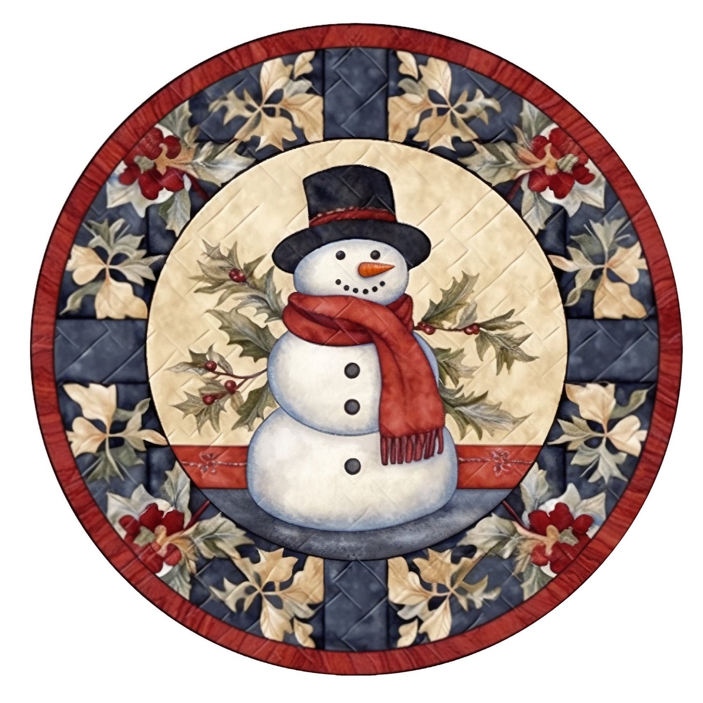 Faux quilted snowman wreath sign, metal wreath sign, round wreath sign, winter wreath sign, Lindys sign creations