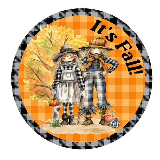 It's fall scarecrow couple wreath sign, metal wreath sign, round wreath sign, door decor, Lindys sign creations