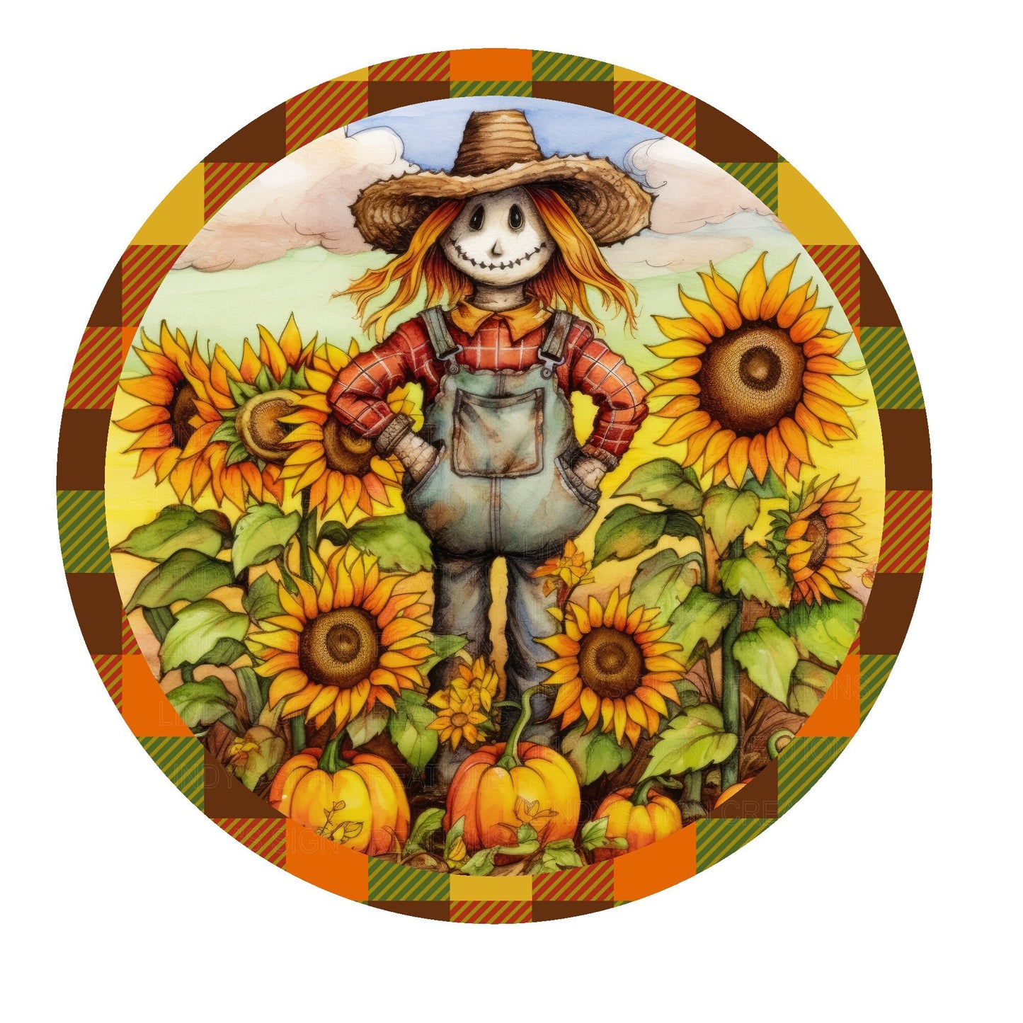 Scarecrow with sunflowers wreath sign, metal wreath sign, signs for wreaths, round wreath sign, door decor, Lindys sign creations