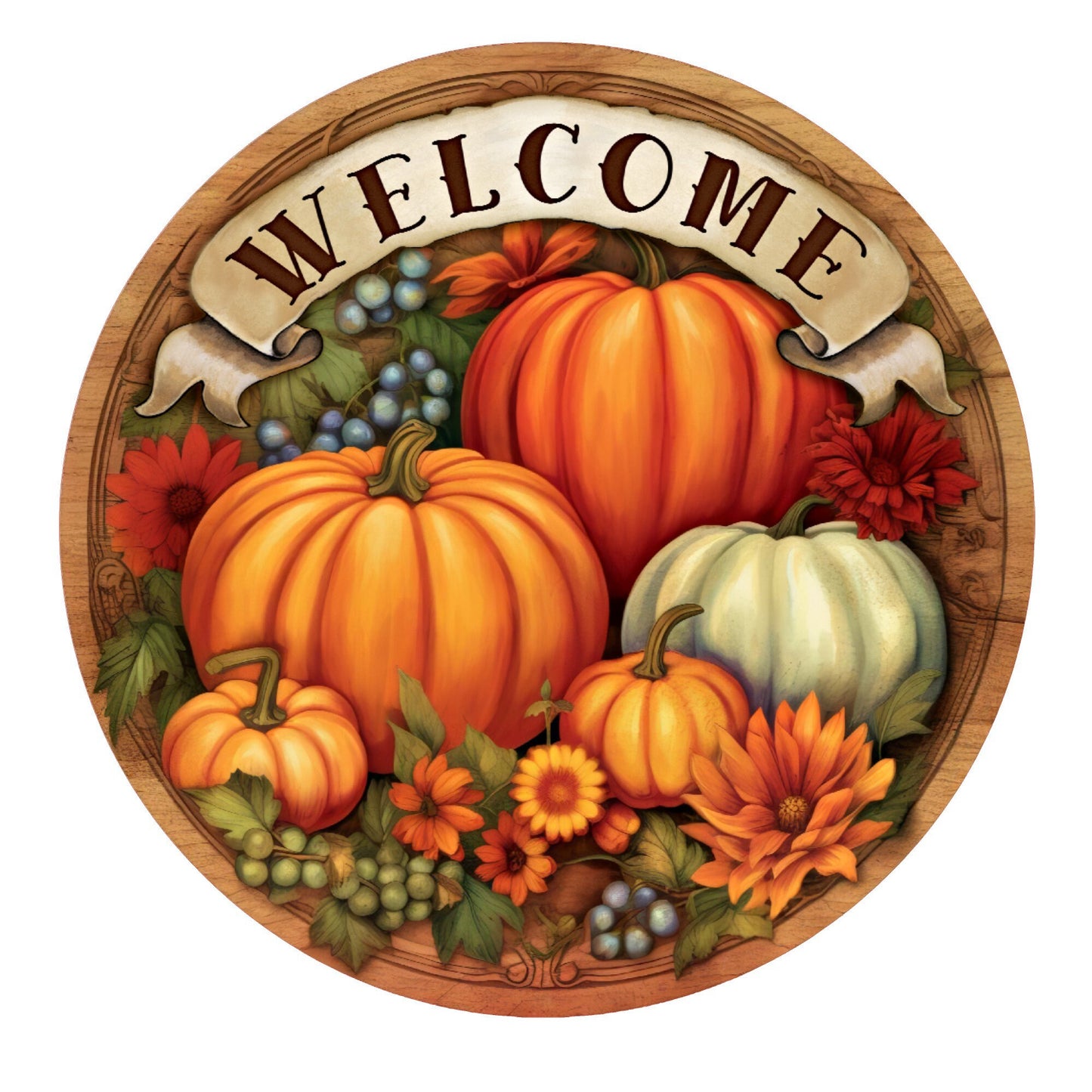 Fall welcome pumpkin wreath sign, metal wreath sign, round wreath sign, door decor, Lindys sign creations