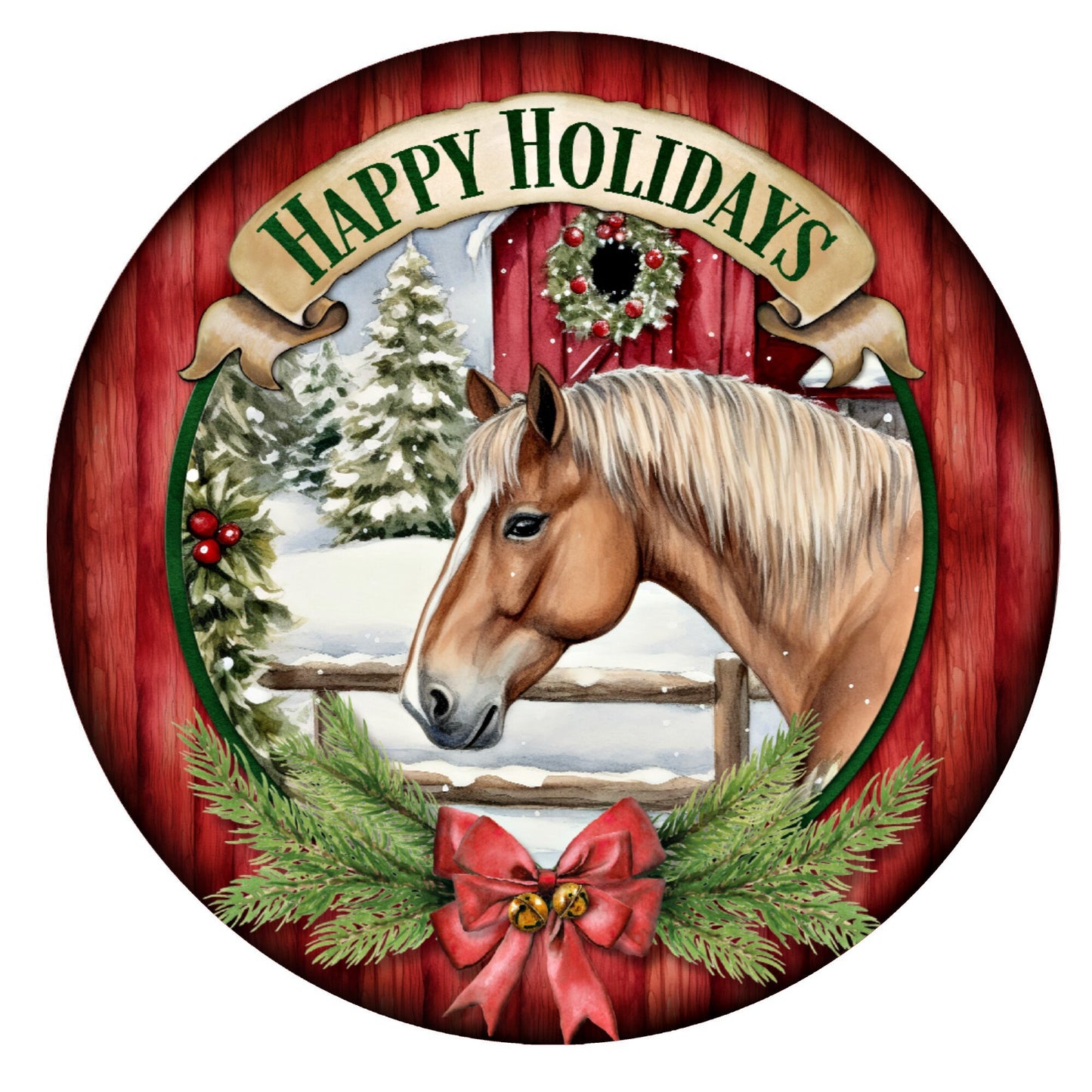 Happy holidays horse wreath sign, metal wreath sign, round wreath sign, door decor, Lindys sign creations