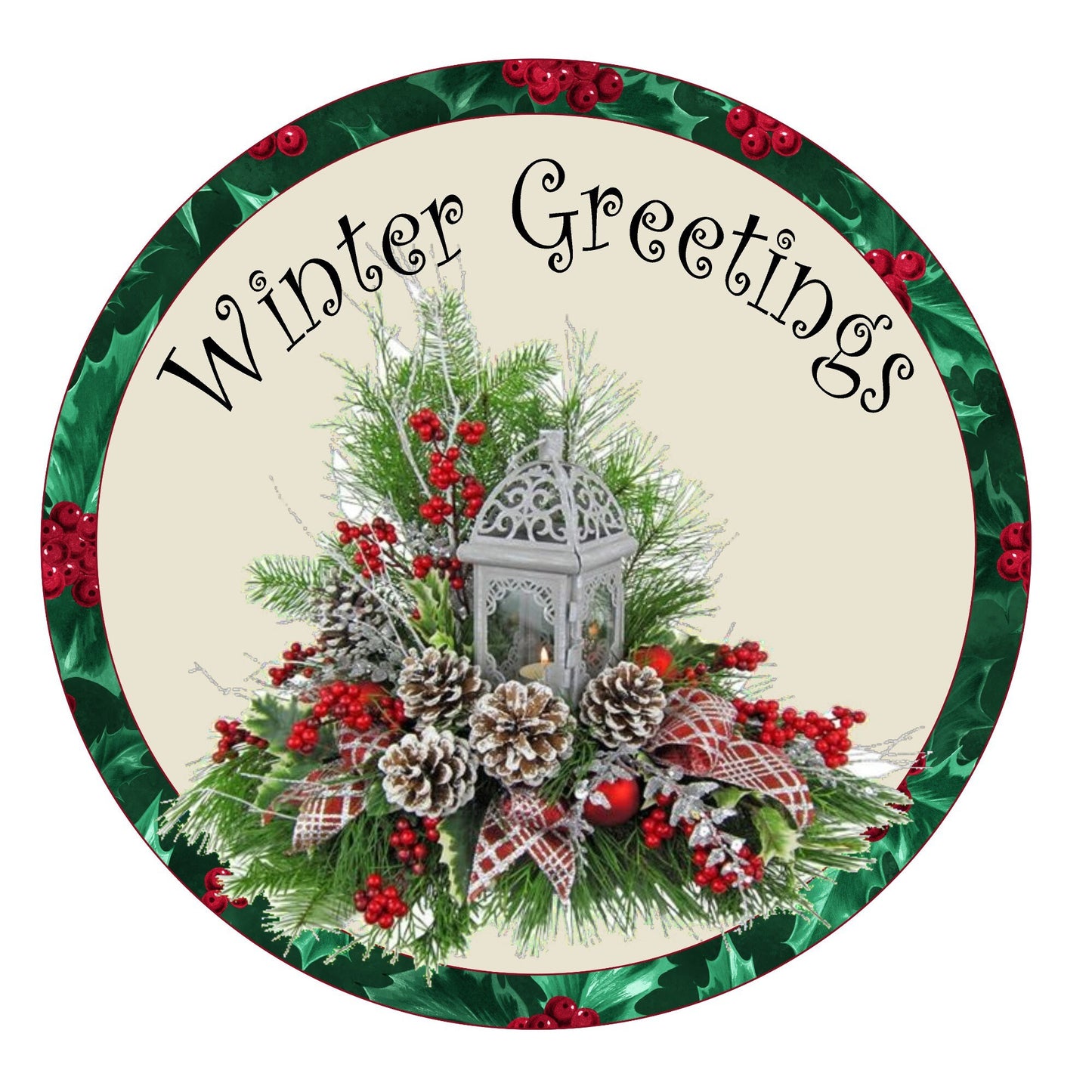 Winter greetings wreath sign, metal wreath sign, round wreath sign, door decor, Lindys sign creations