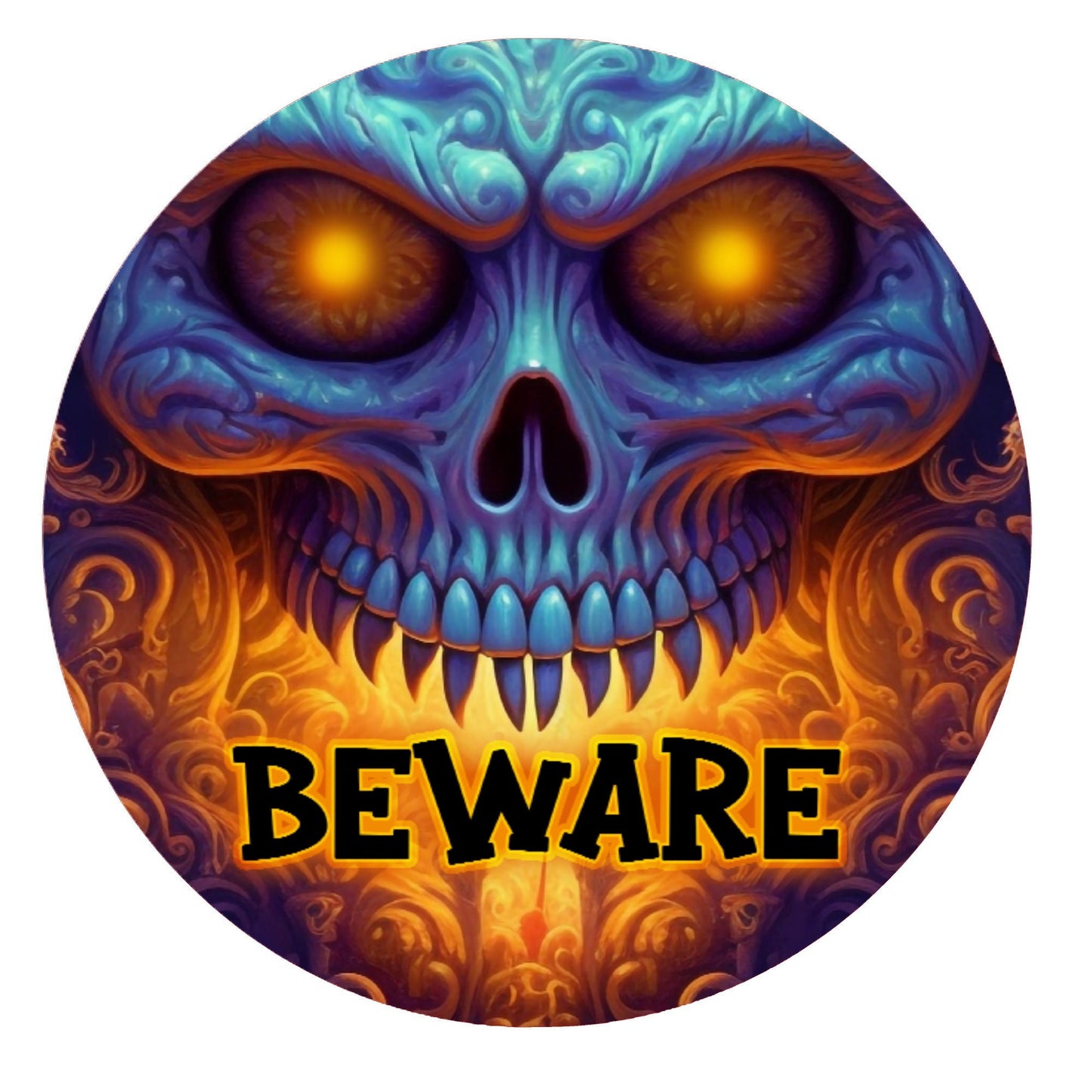 Beware skull Halloween wreath sign, metal wreath sign, round wreath sign, door decor, spooky Halloween sign, Lindys sign creations