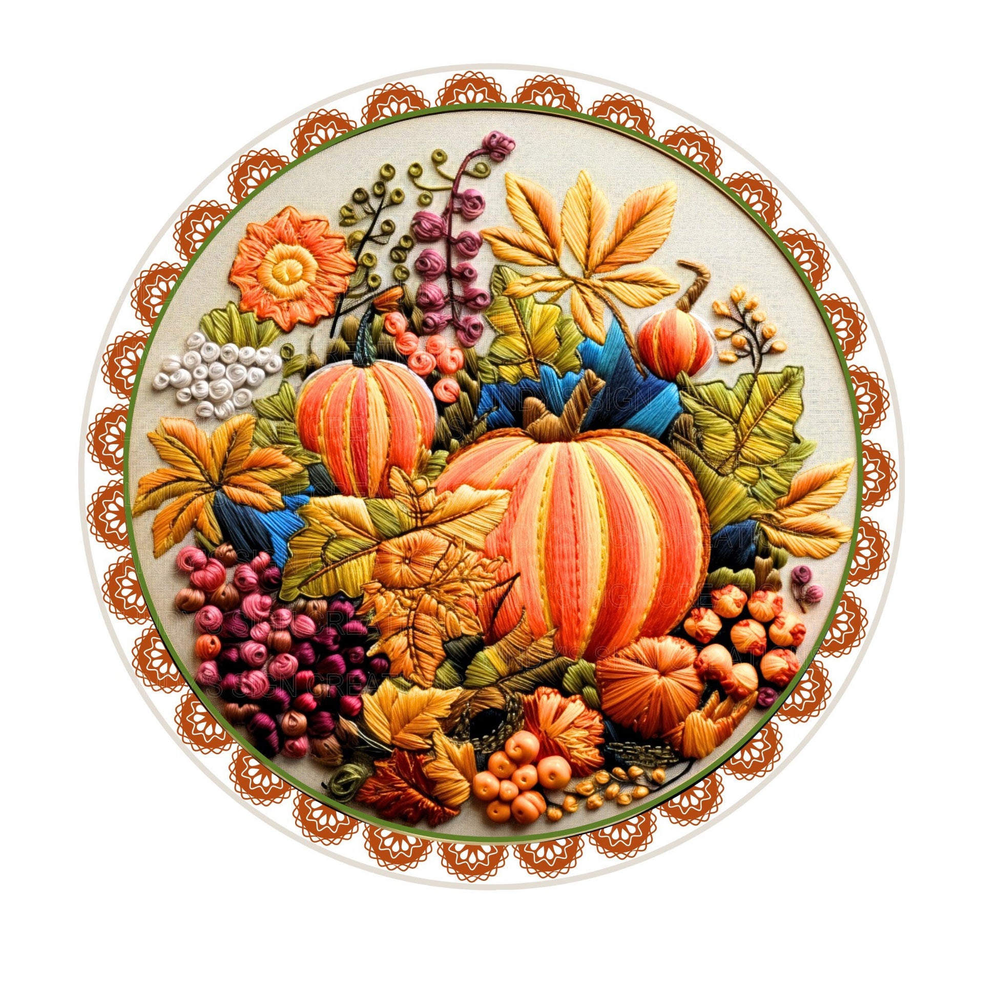 Faux embroidery fall pumpkin wreath sign, metal wreath sign, round wreath sign, door decor, Lindys sign creations