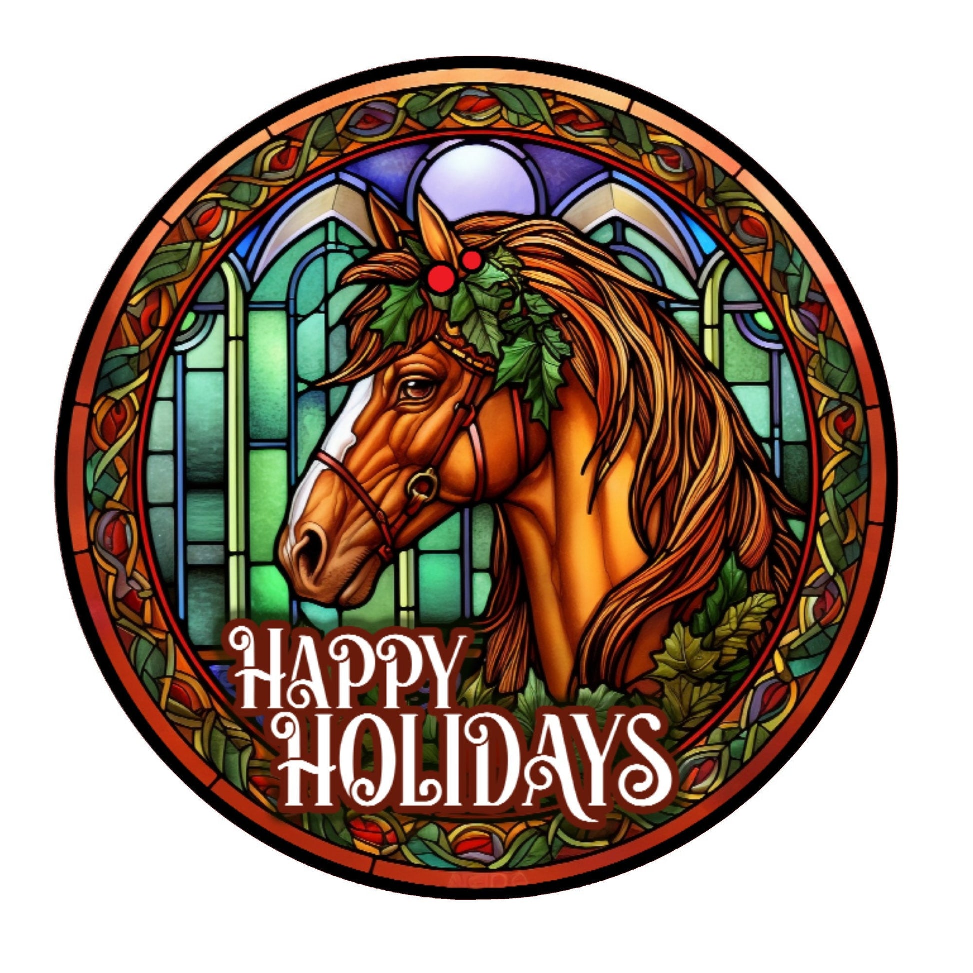 Faux stained glass Christmas horse wreath sign, metal wreath sign, signs for wreaths, round wreath sign, Lindys sign creations