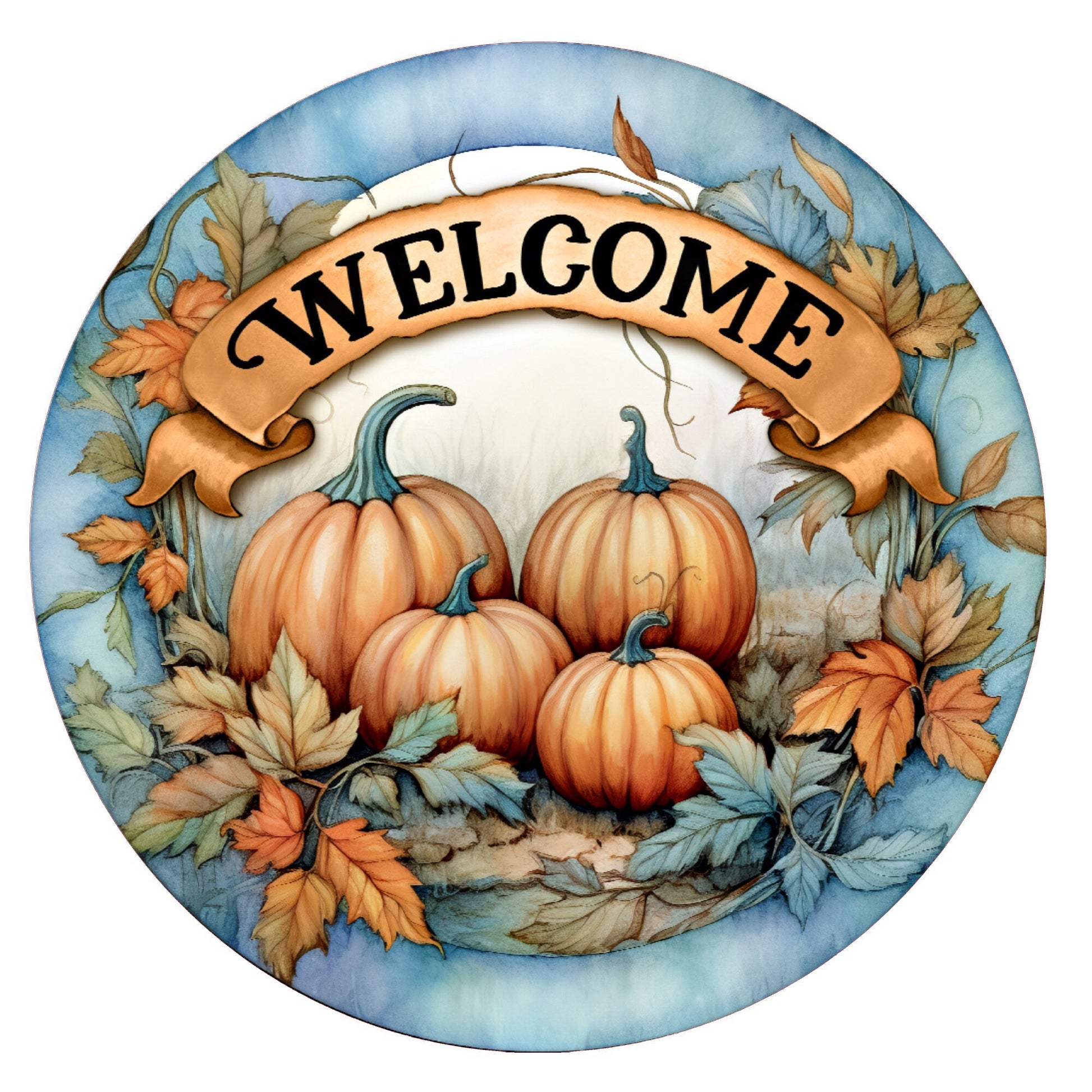 Blue and orange welcome pumpkin wreath sign, metal wreath sign, round wreath sign, door decor, Lindys sign creations