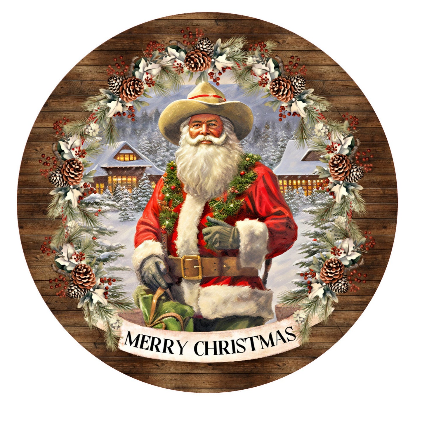 Merry Christmas cowboy santa wreath sign, metal wreath sign, round wreath sign, Lindys sign creations