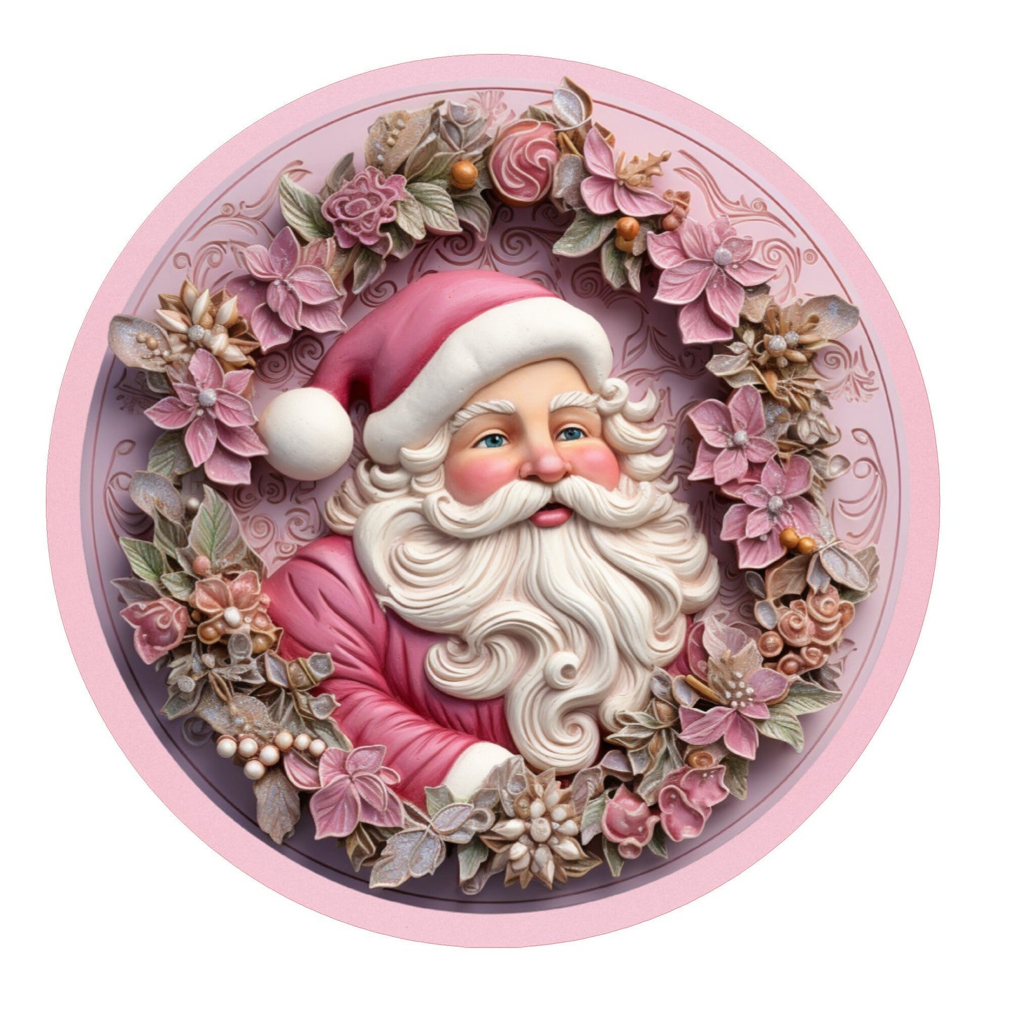 Pink santa and poinsettia wreath sign, metal wreath sign, Christmas sign, round wreath sign, door decor, Lindys sign creations