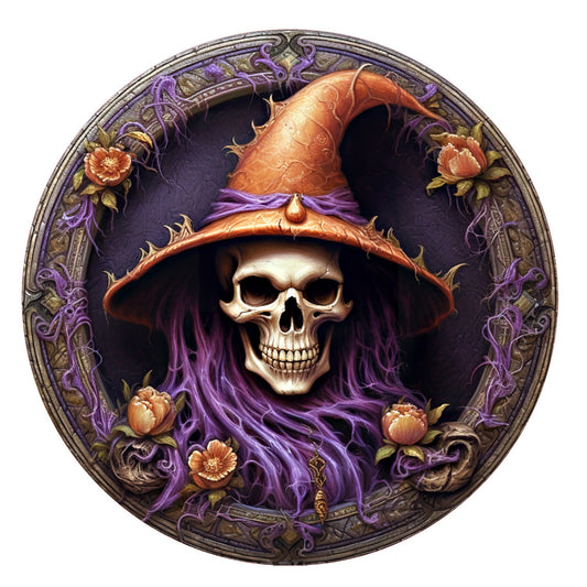 Skeleton faux 3D Halloween witch wreath sign, metal wreath sign, round wreath sign, door decor, Lindys sign creations