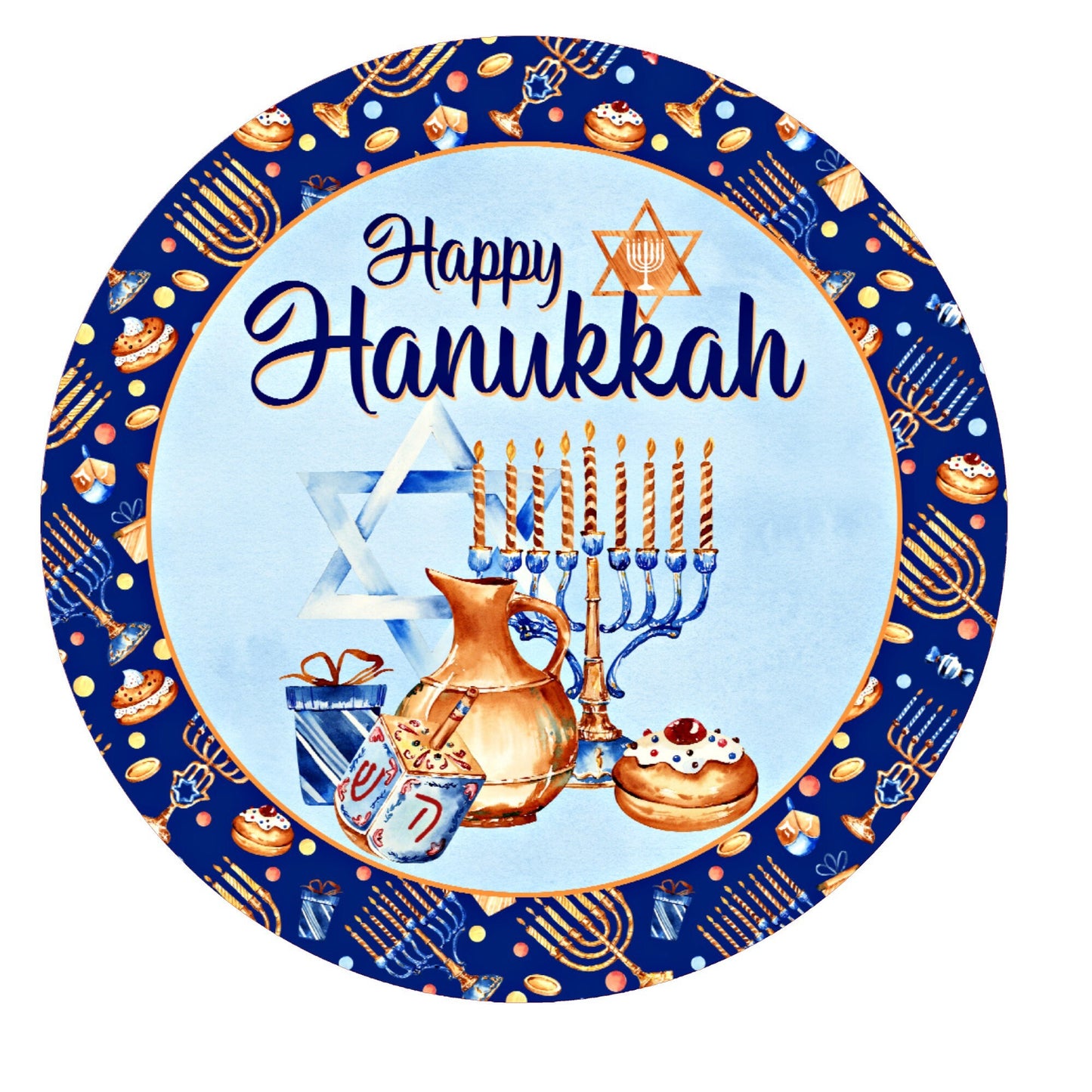 Happy Hanukkah wreath sign, metal wreath sign, signs for wreaths, round wreath sign, door decor, Lindys sign creations