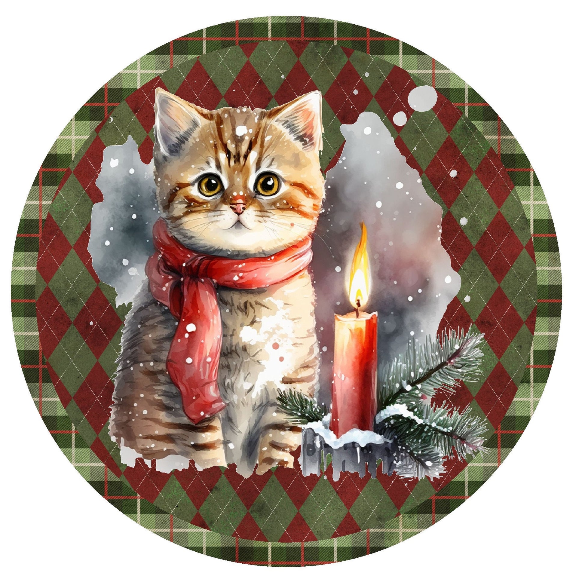 Kitty with candle Christmas wreath sign, metal wreath sign, round wreath sign, door decor, pet lover gift, Lindys sign creations