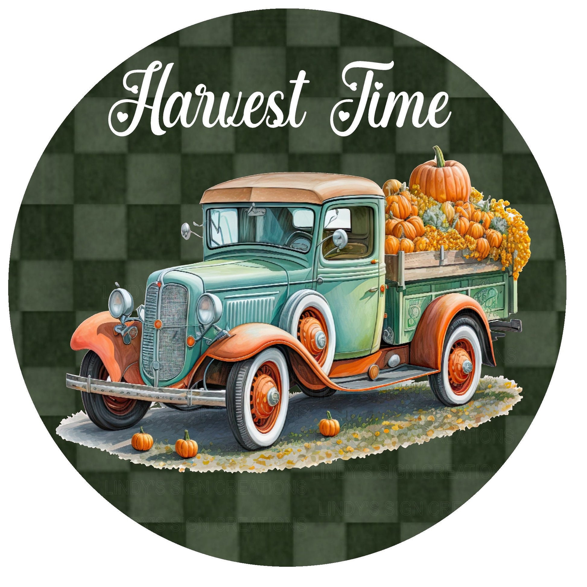 Harvest time vintage truck wreath sign, fall wreath sign, metal wreath sign, round wreath sign, Lindys sign creations