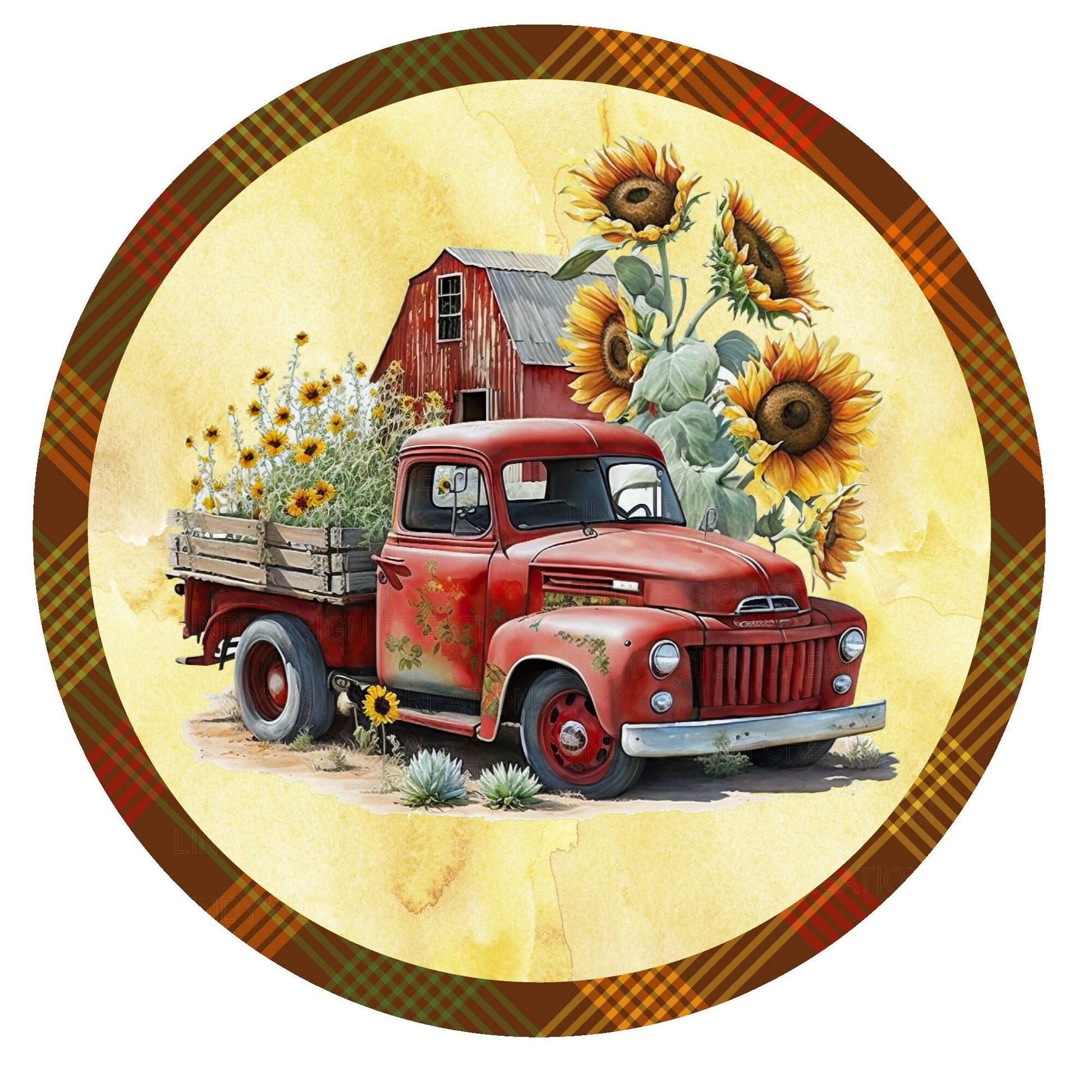 Red truck with sunflowers wreath sign, metal wreath sign, signs for wreaths, round wreath sign, door decor, Lindys sign creations