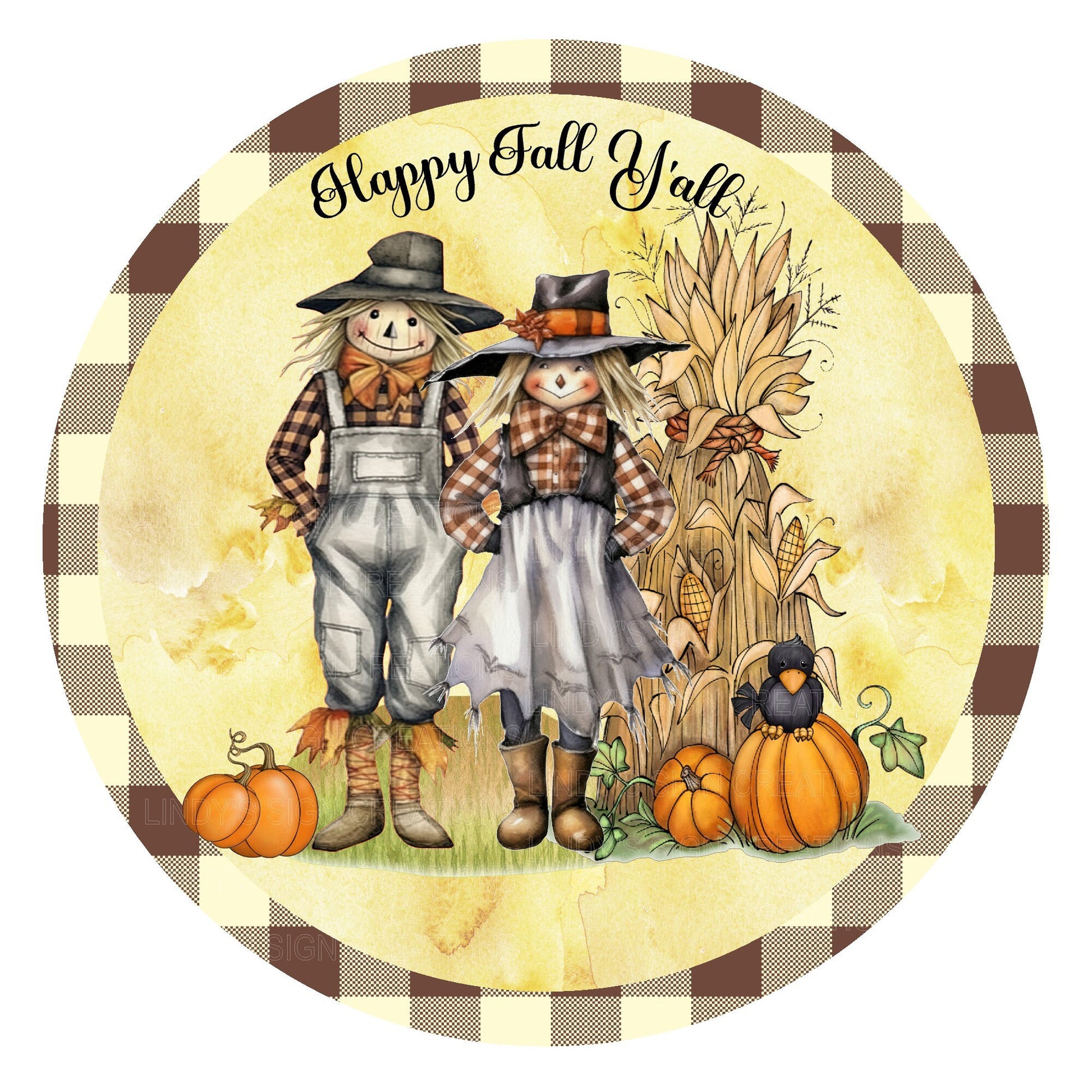 Happy fall y'all scarecrow couple wreath sign, metal wreath sign, round wreath sign, door decor, Lindys sign creations