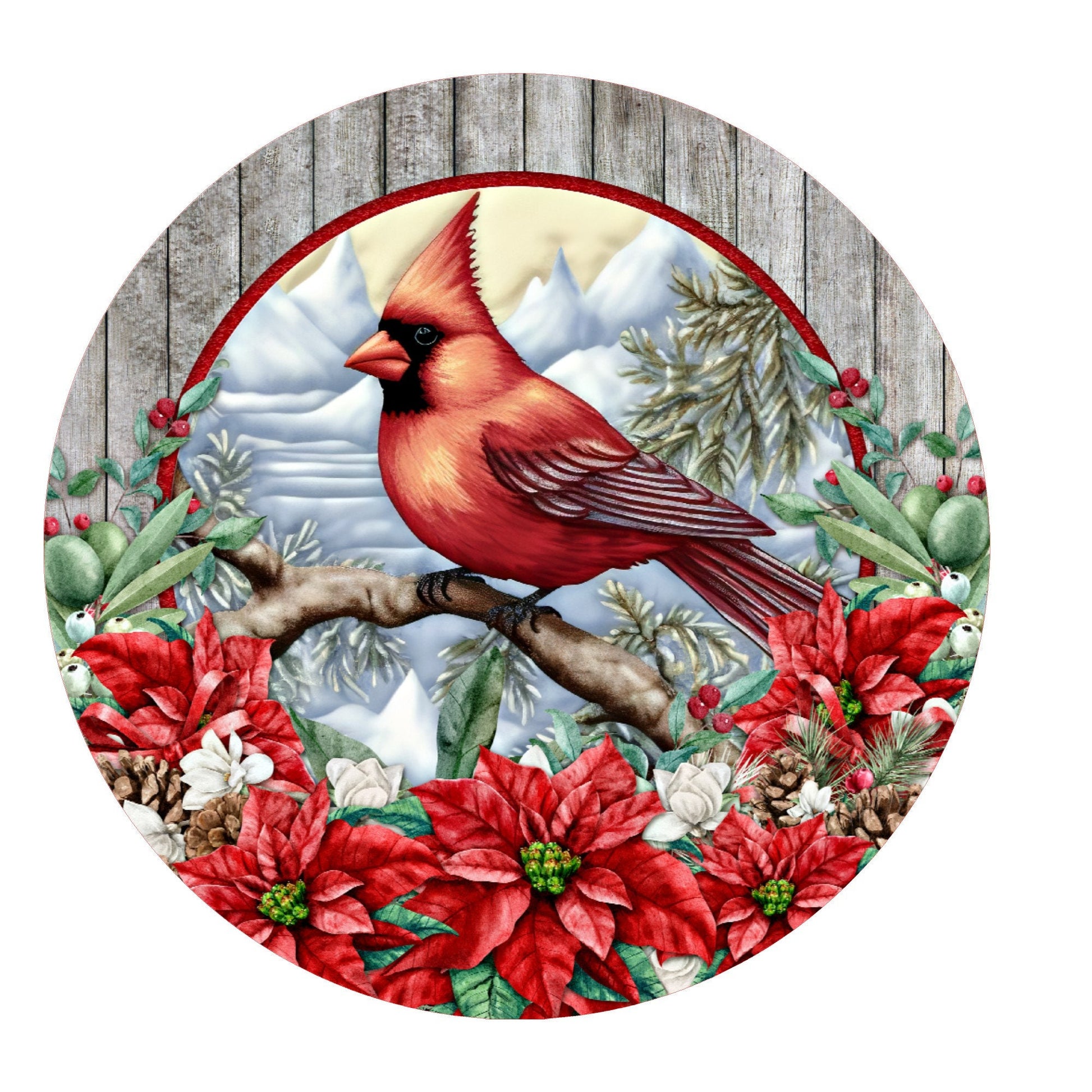 Winter cardinal with poinsettias wreath sign, round wreath sign, metal wreath sign, Lindys sign creations