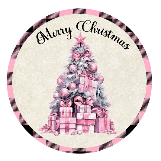 Pink merry christmas tree wreath sign, metal wreath sign, round wreath sign, Lindys sign creations