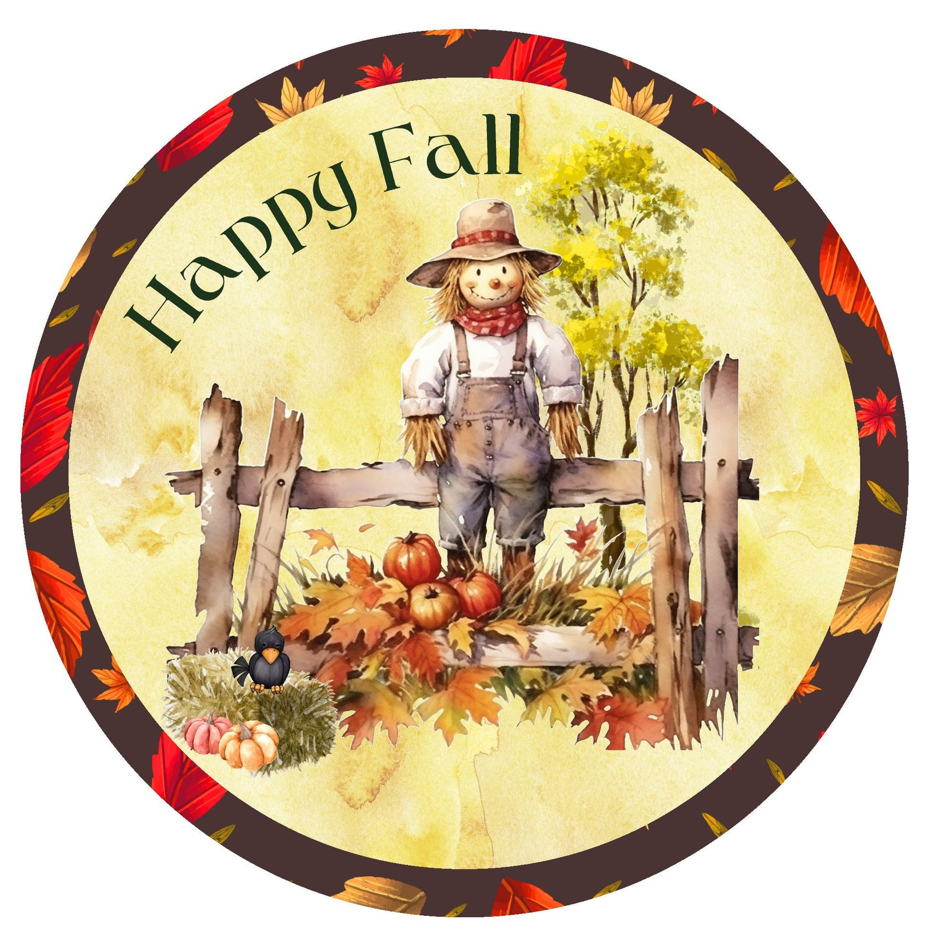 Happy fall scarecrow wreath sign, metal wreath sign, round wreath sign, door decor, fall wreath sign, Lindys sign creations