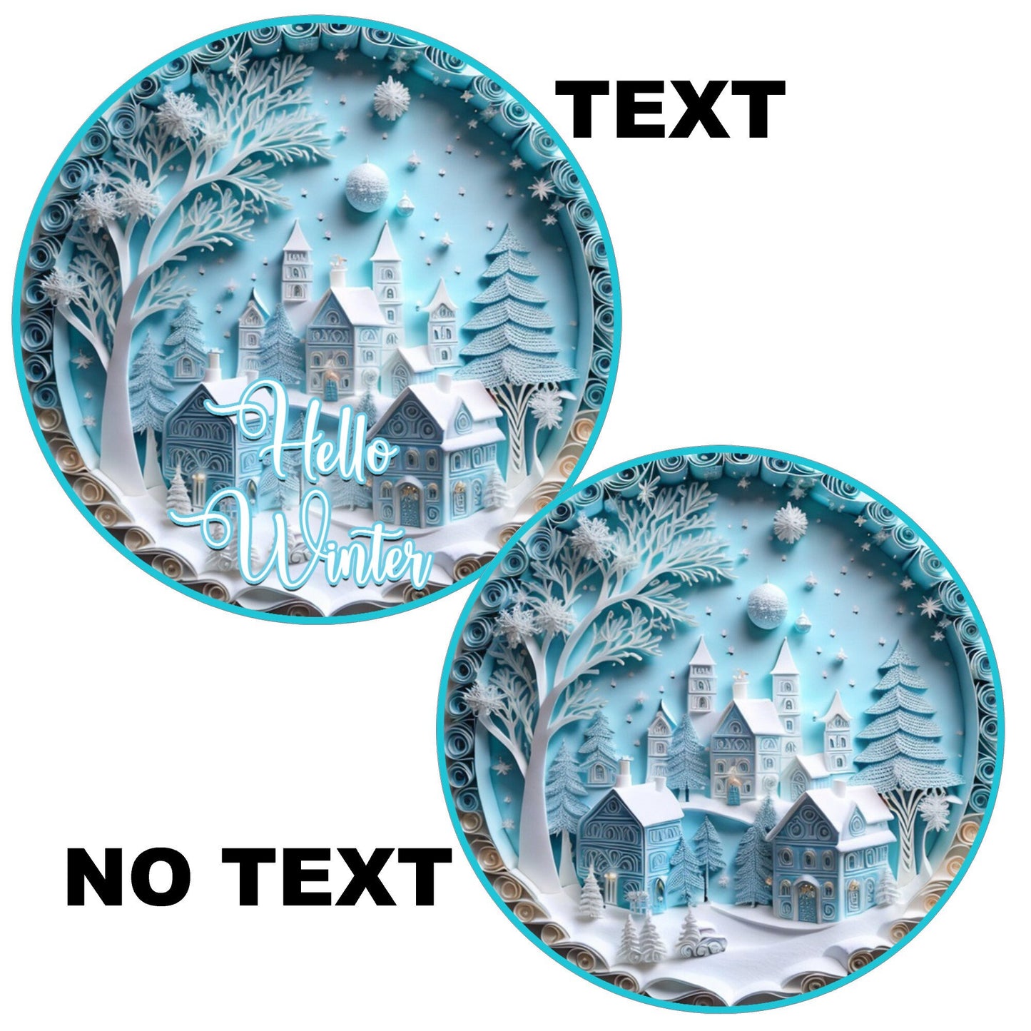 Faux 3D paper quill winter village wreath sign, metal wreath sign, round wreath sign, Lindys sign creations