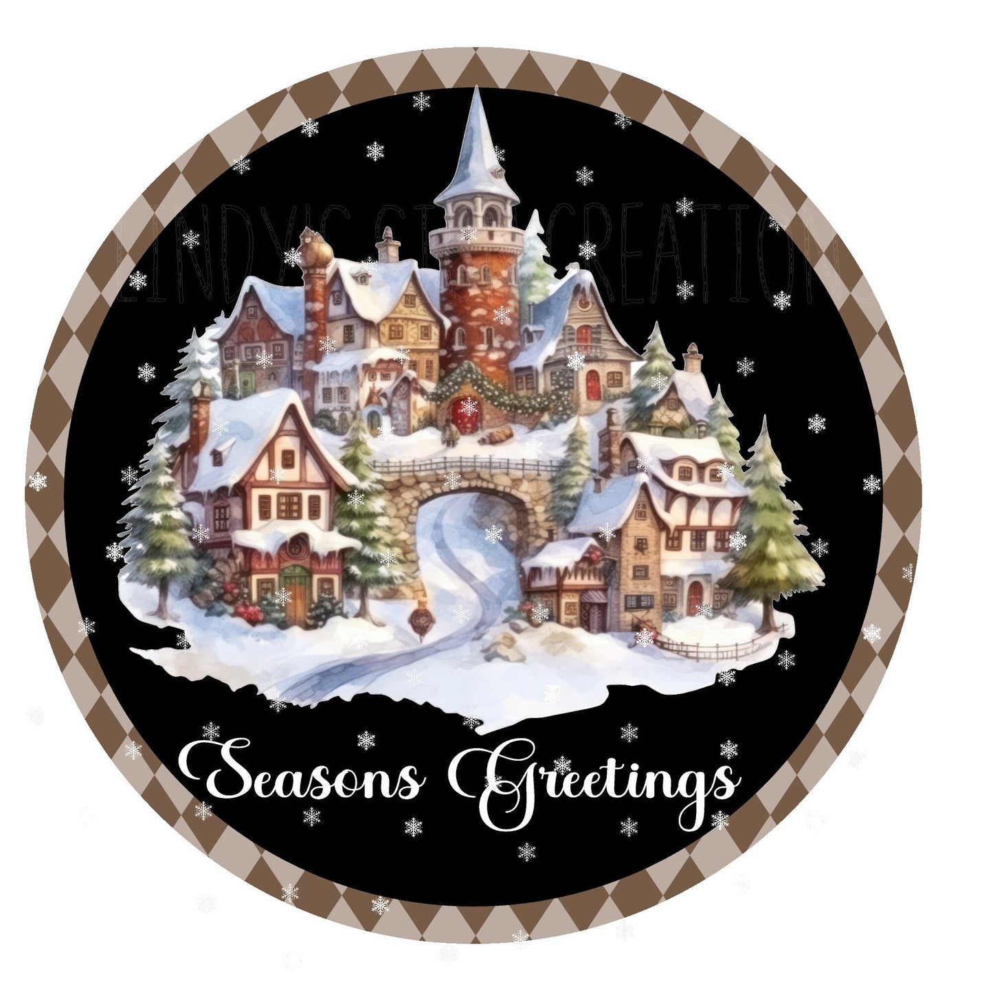 Seasons greetings Christmas village wreath sign, metal wreath sign, round wreath sign, Lindys sign creations