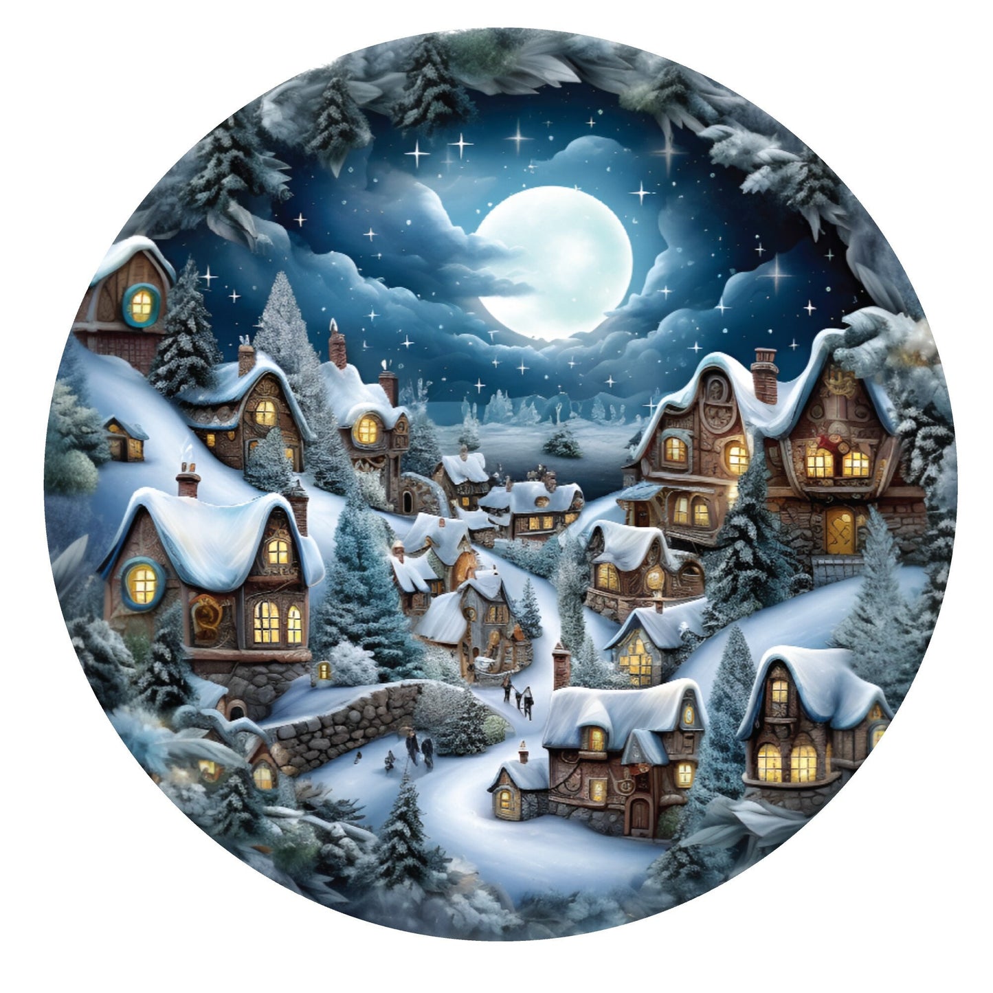 Winter night village scene wreath sign, metal wreath sign, winter wreath sign, door decor, Lindys sign creations